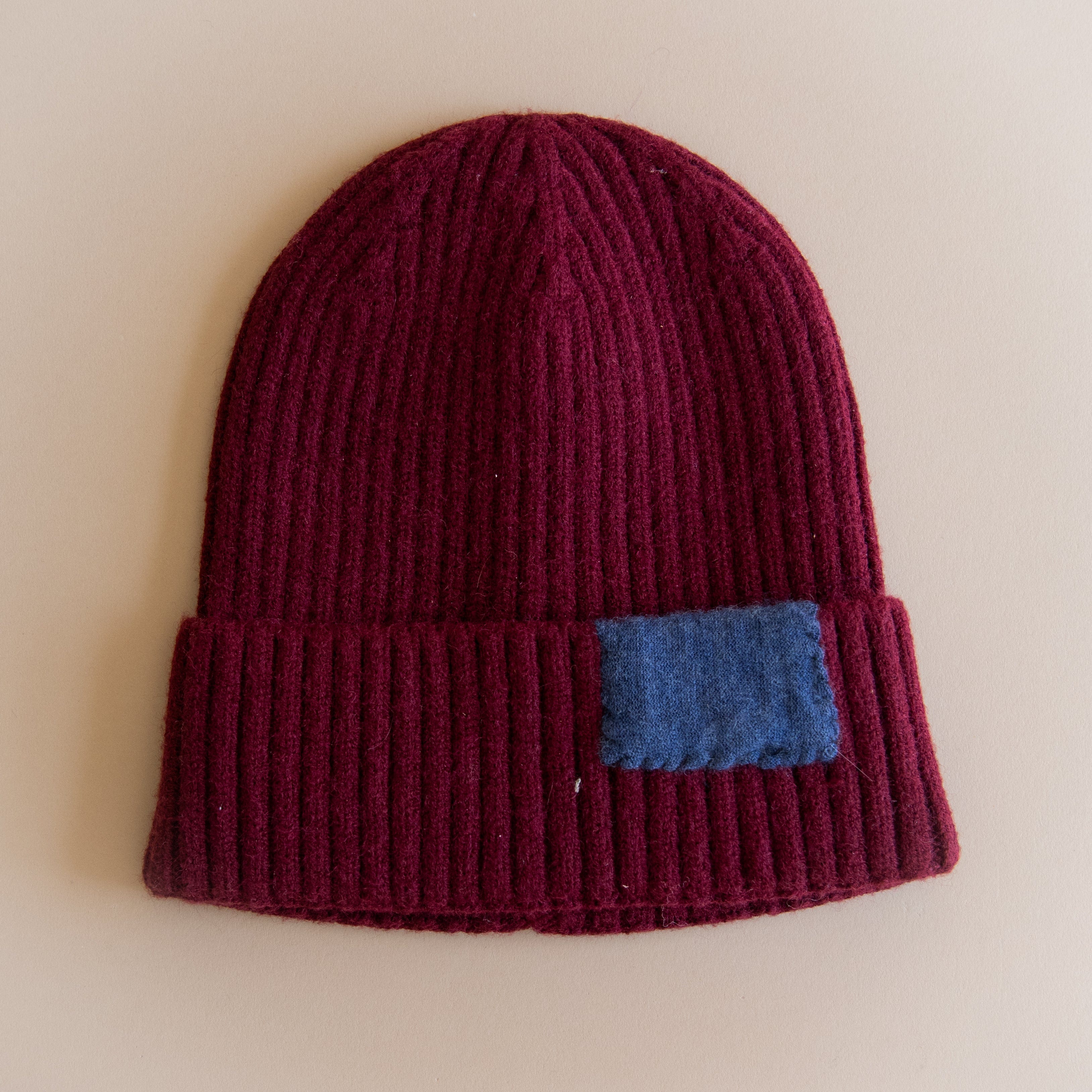 Heyja Do Hats Maroon with Blue Patch Patchwork Beanie