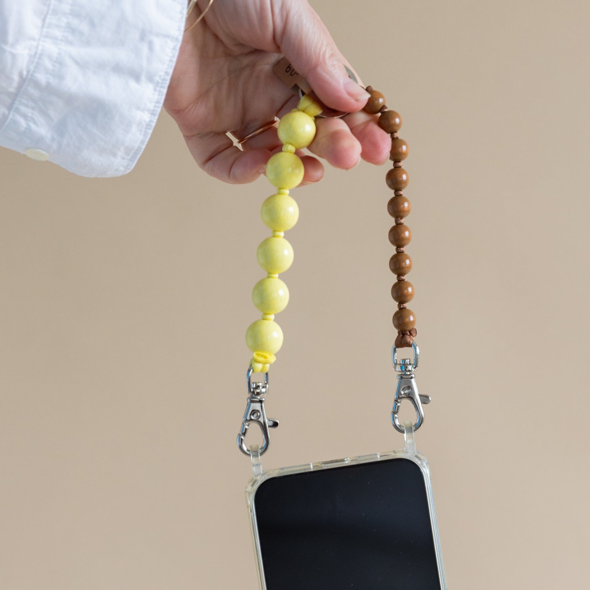Ina Seifart Tech Accessories Mocha/Pastel Yellow Short Wooden Beaded iPhone Wristlet