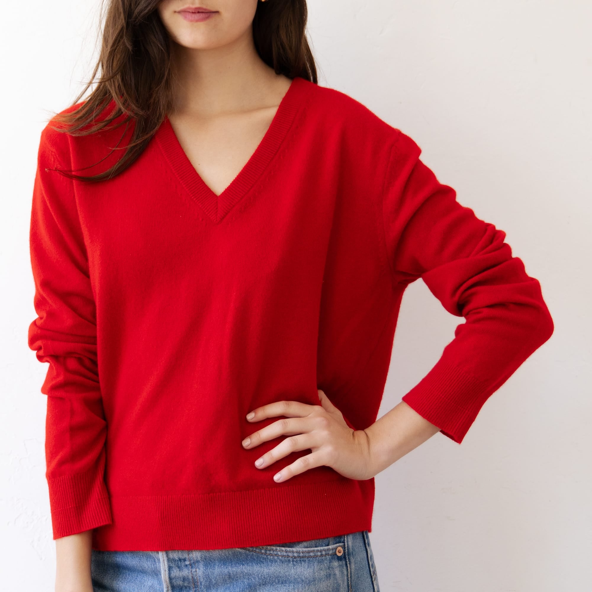 Organic John Patrick Sweaters Red / XS V Neck Cashmere Pullover by Organic John Patrick