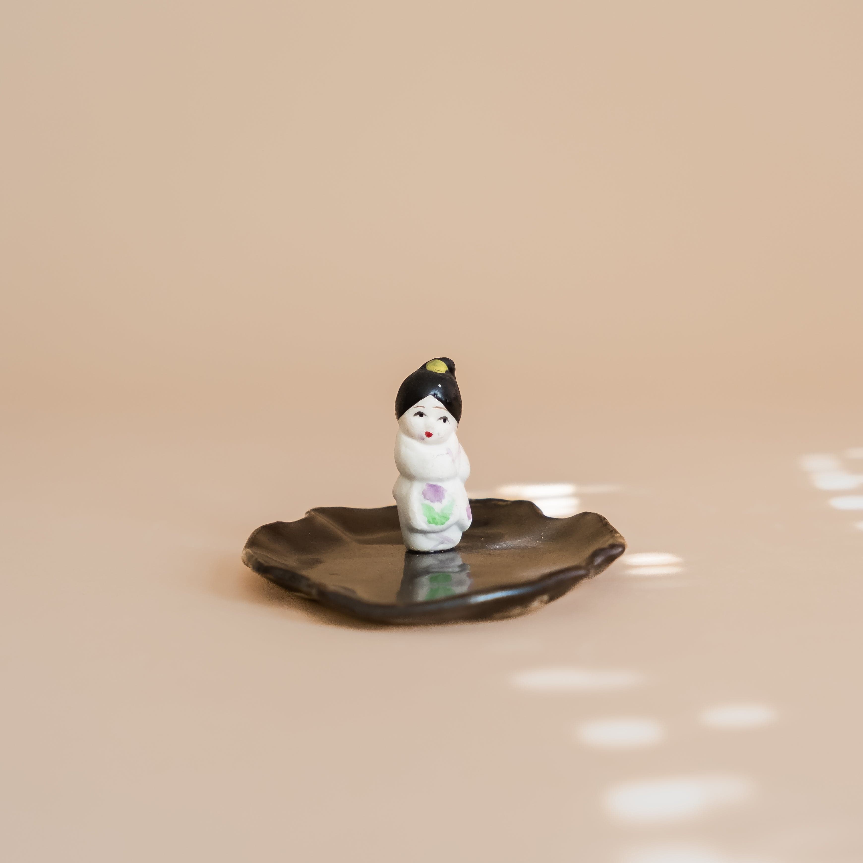 Abra Edelman Trays + Catchalls Black Dish with Black Haired Girl in Floral Robe Figurine Dishes by Abra Edelman