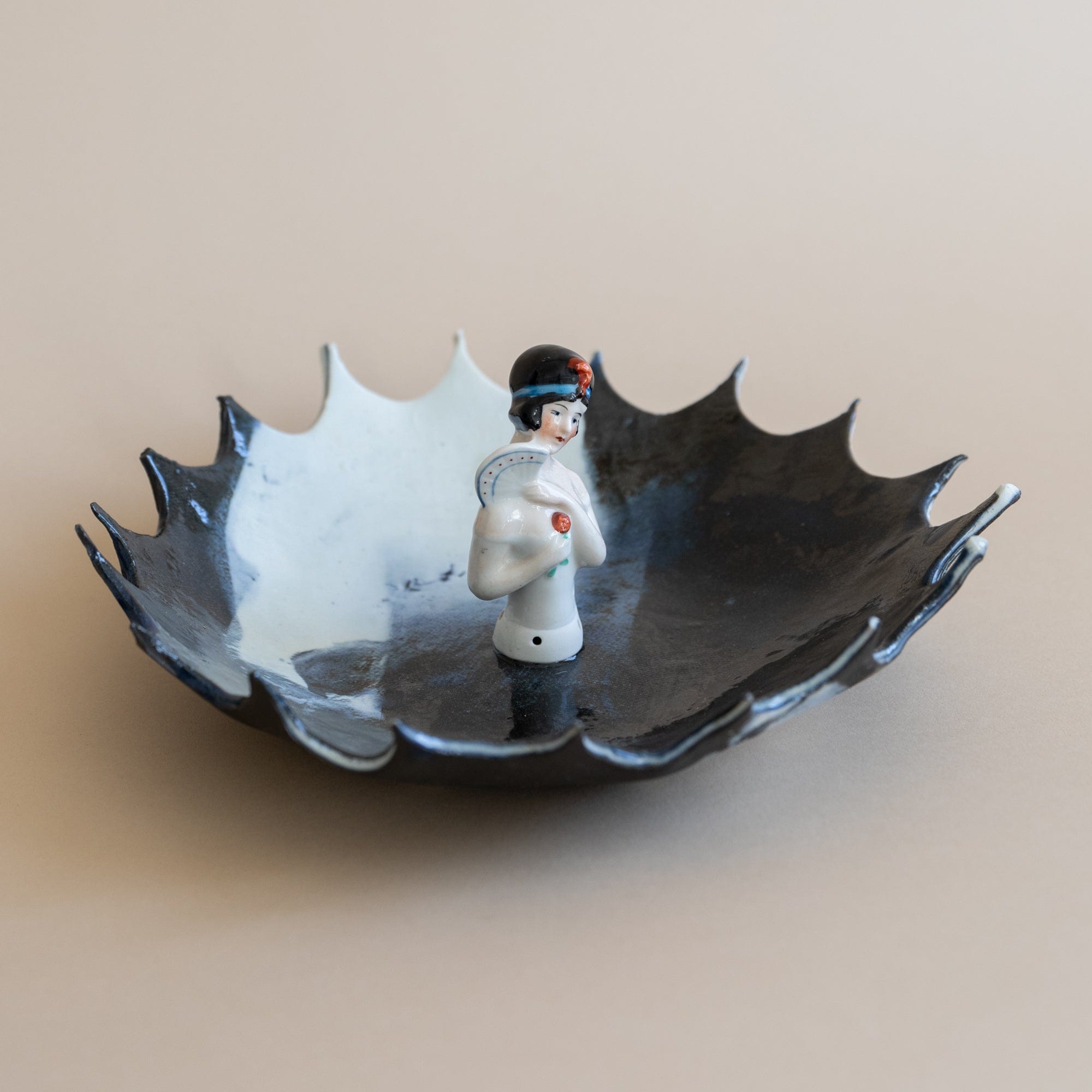 Abra Edelman Trays + Catchalls Black + White + Lady with Fan Figurine Dish Black and White with Lady and a Fan