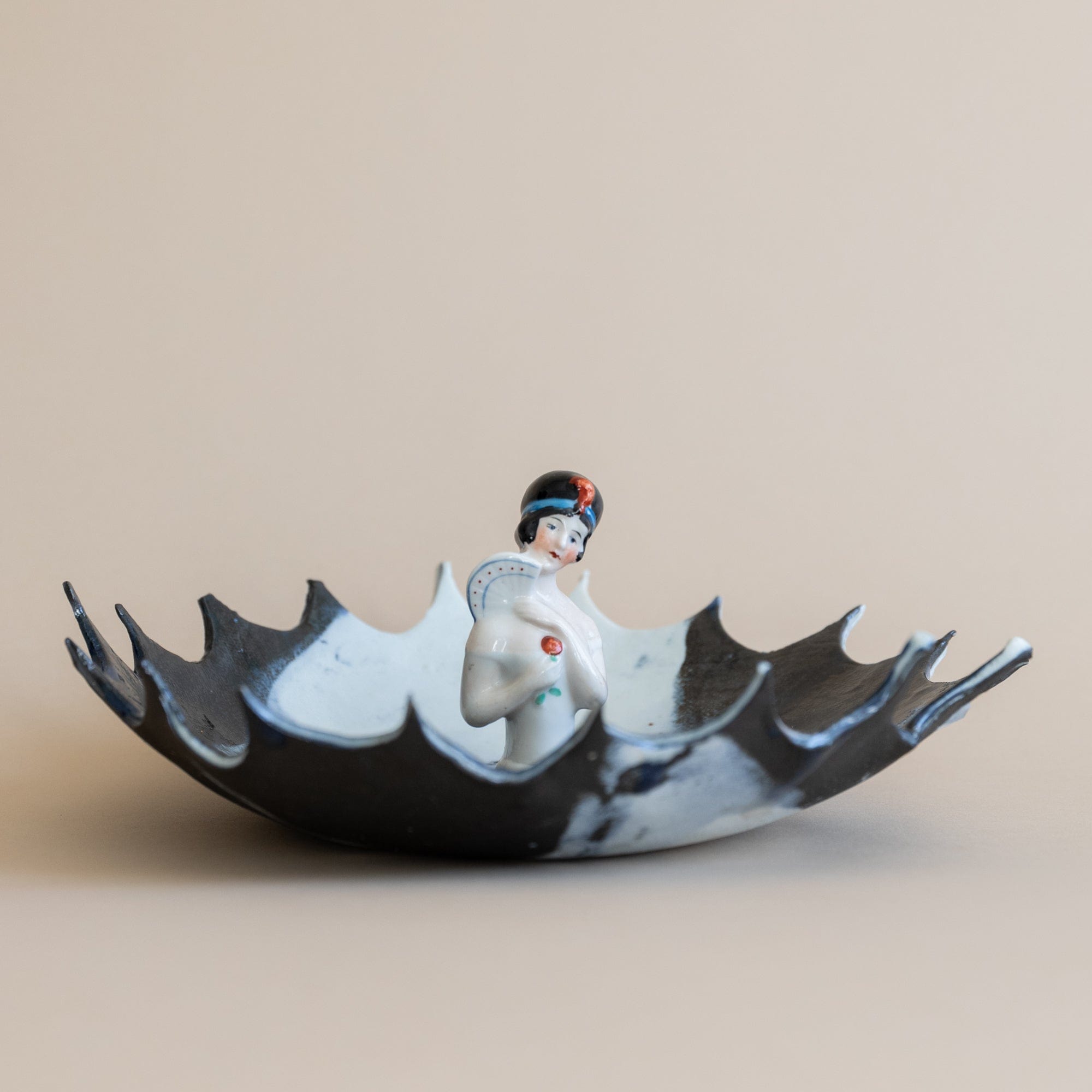 Abra Edelman Trays + Catchalls Black + White + Lady with Fan Figurine Dish Black and White with Lady and a Fan