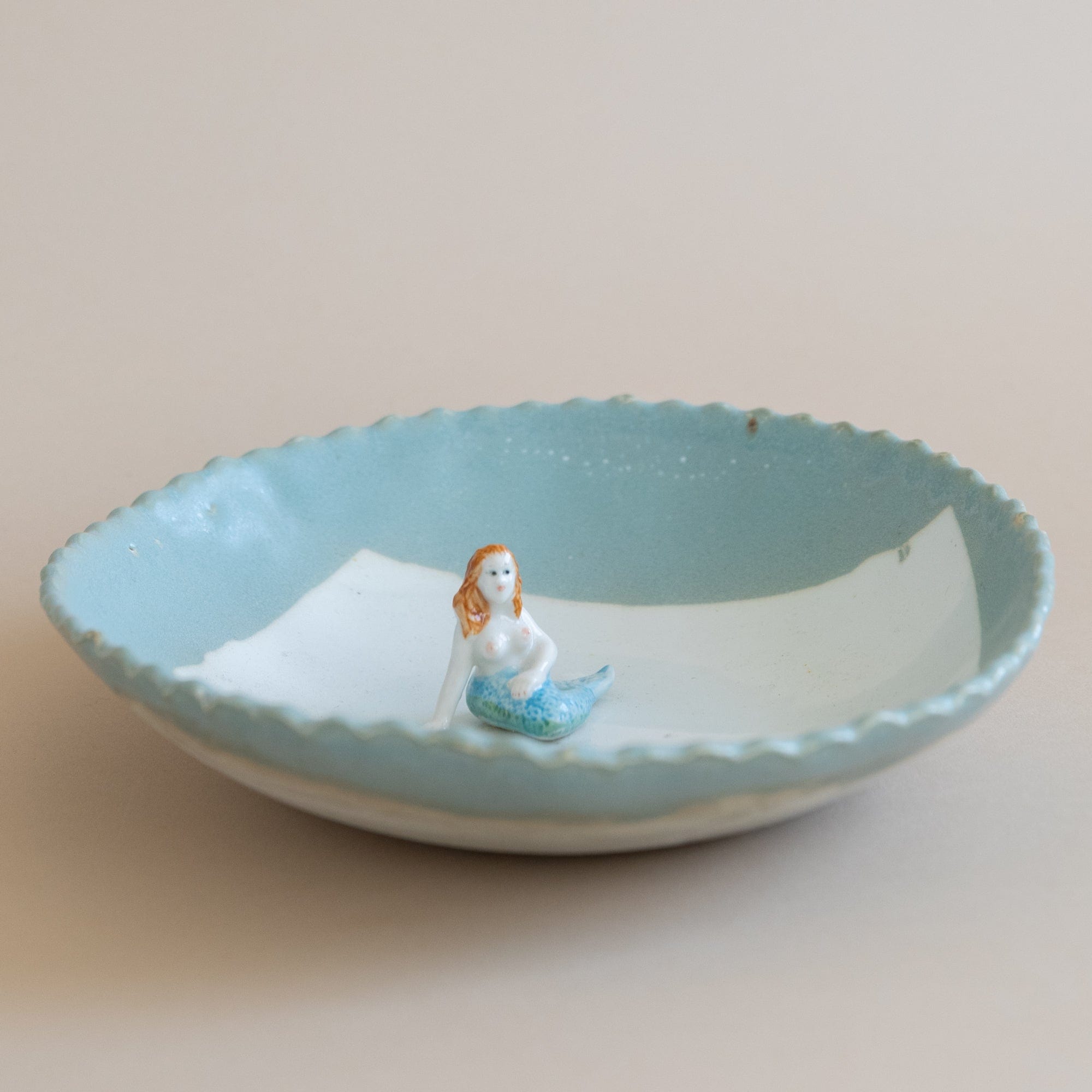 Abra Edelman Trays + Catchalls Figurine Dish Blue with Mermaid on A White Beach