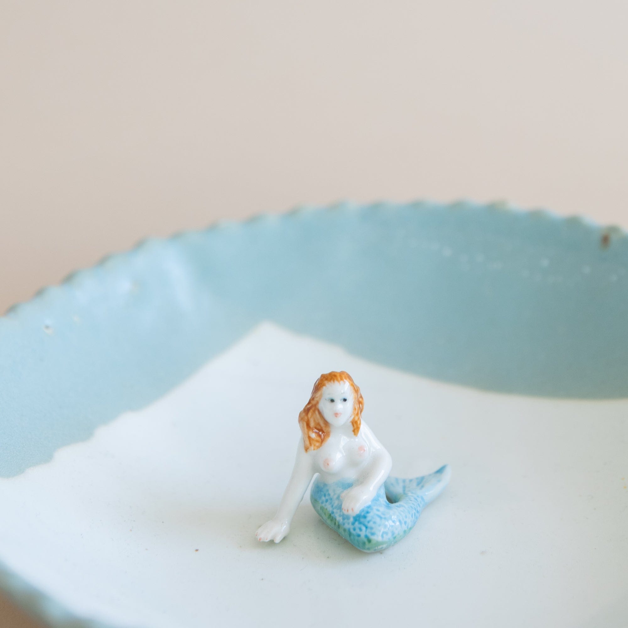 Abra Edelman Trays + Catchalls Figurine Dish Blue with Mermaid on A White Beach