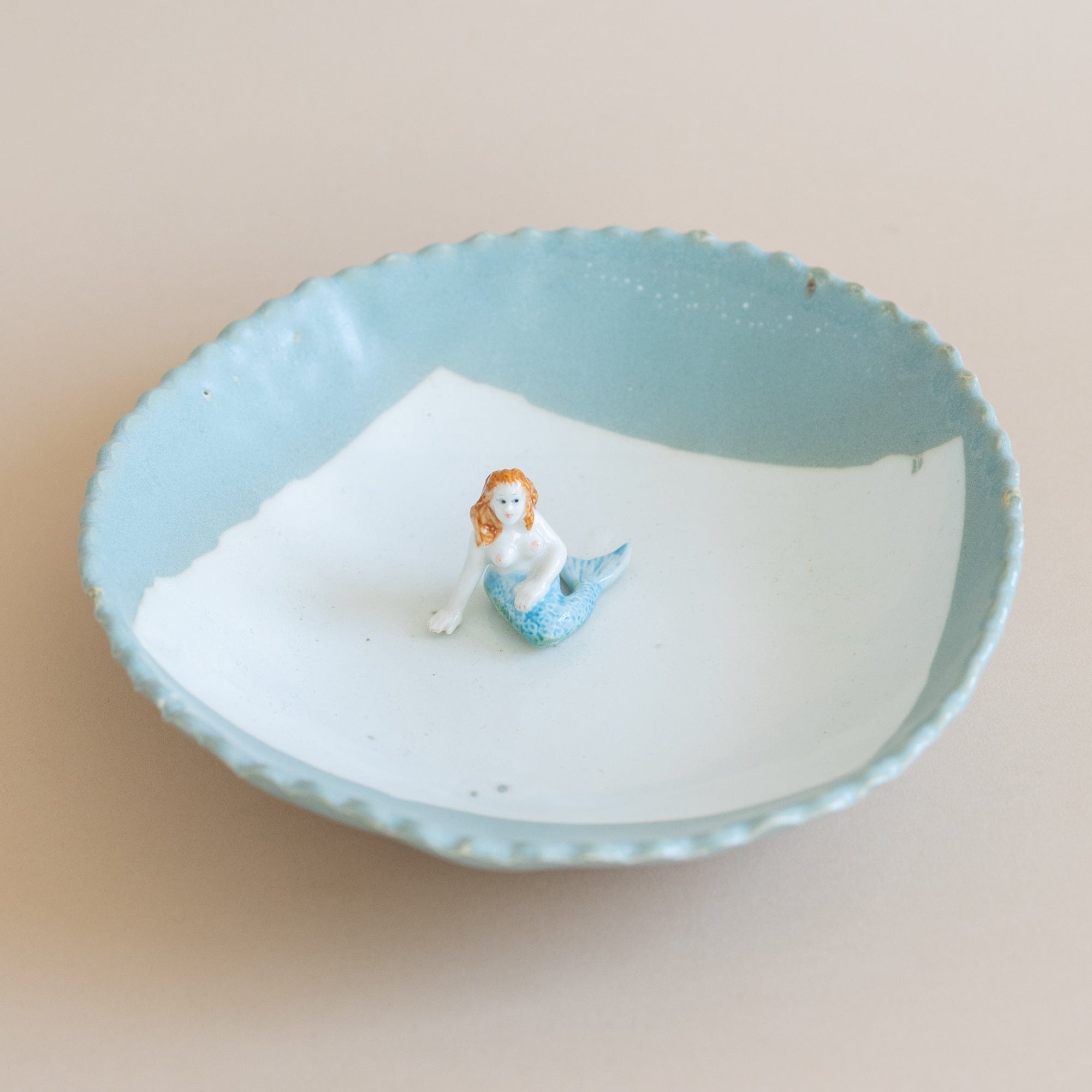 Abra Edelman Trays + Catchalls Figurine Dish Blue with Mermaid on A White Beach