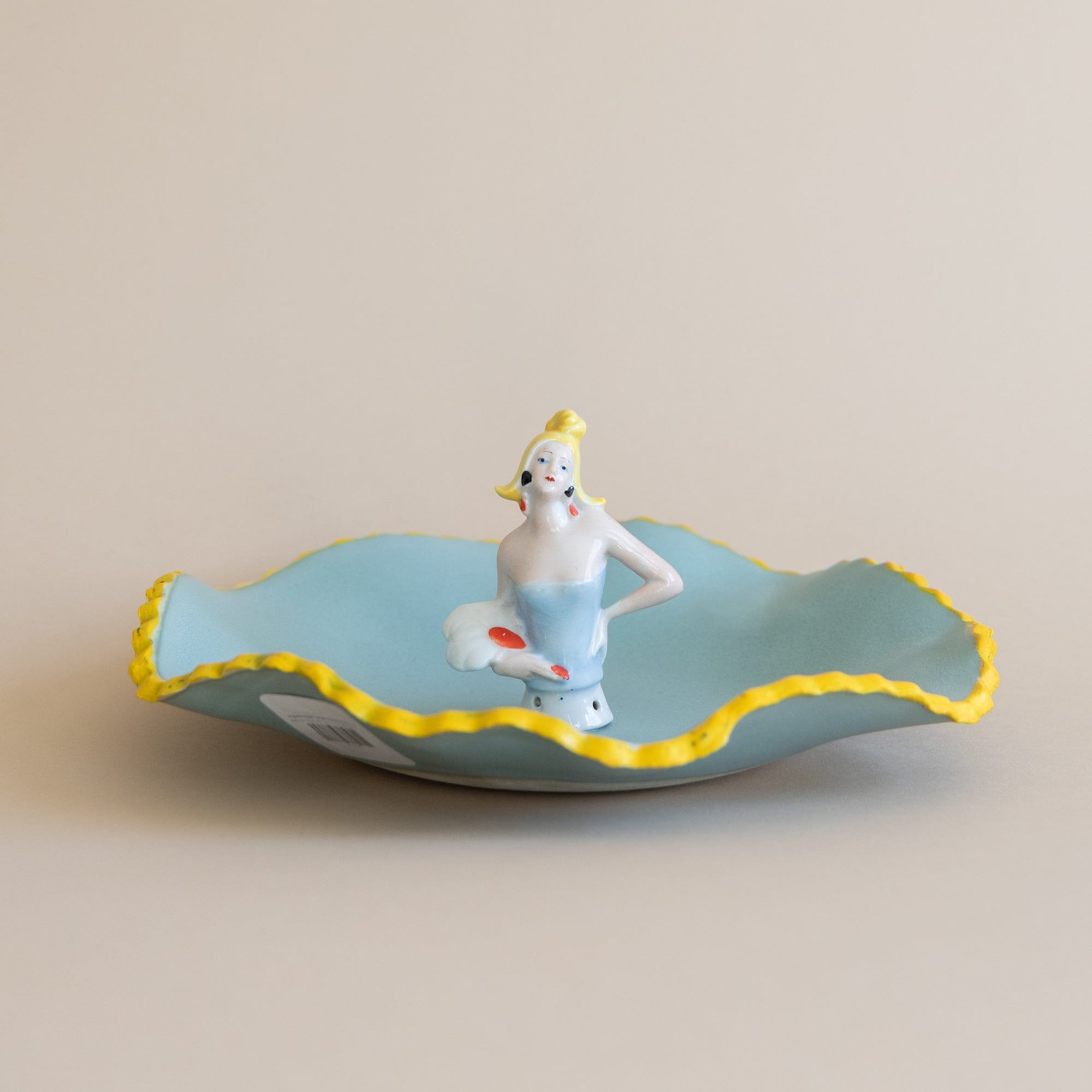 Abra Edelman Trays + Catchalls Figurine Dish Blue with Yellow Trim and Yellow Hat