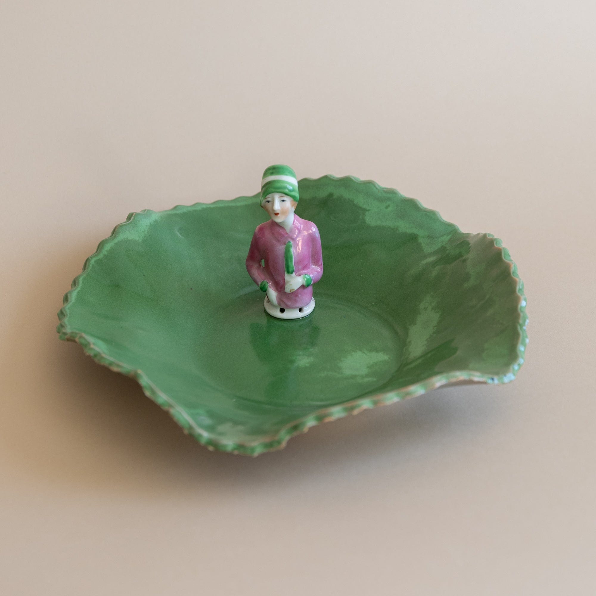 Abra Edelman Trays + Catchalls Figurine Dish Lady in Green Hat and Pink Coat with Green Tie