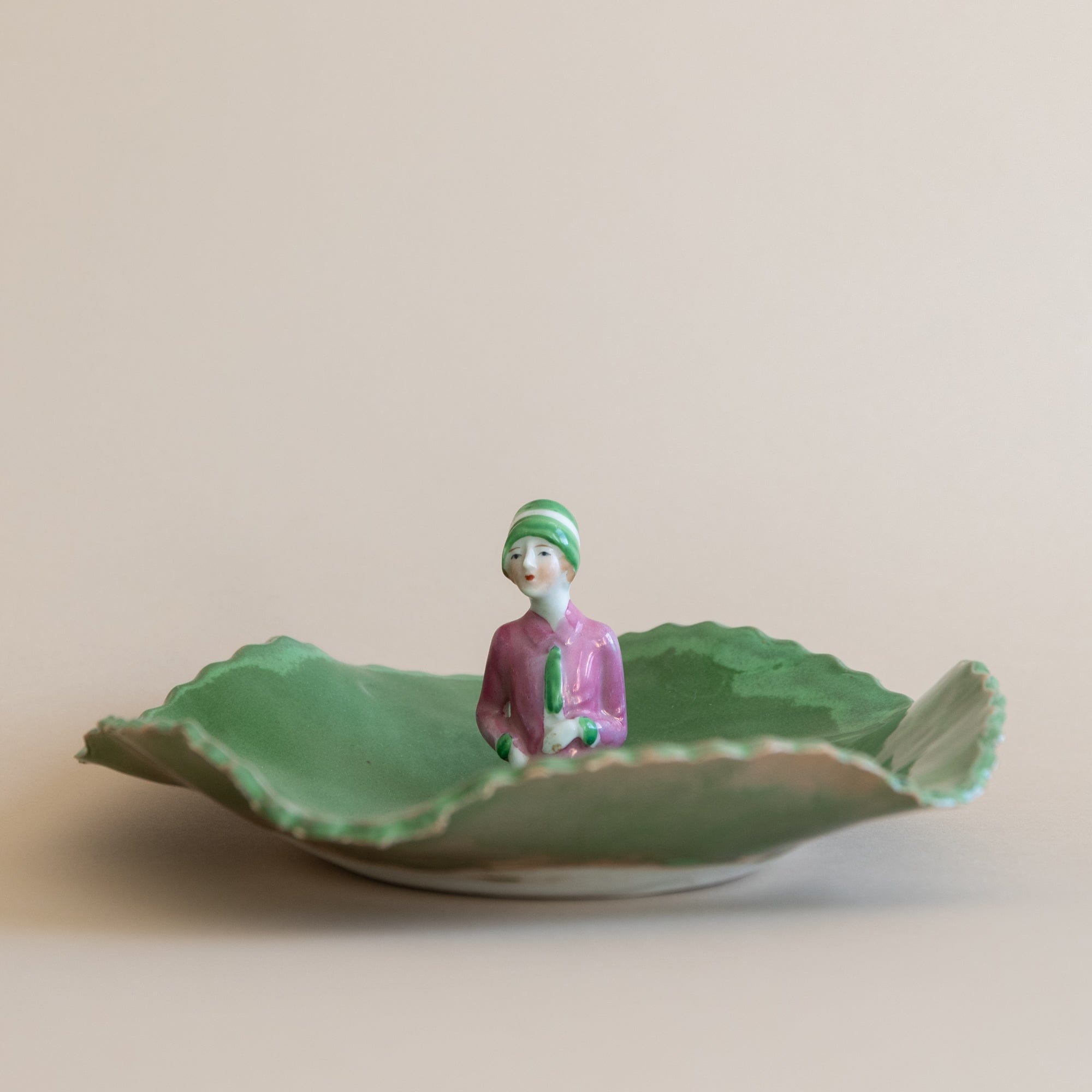 Abra Edelman Trays + Catchalls Figurine Dish Lady in Green Hat and Pink Coat with Green Tie