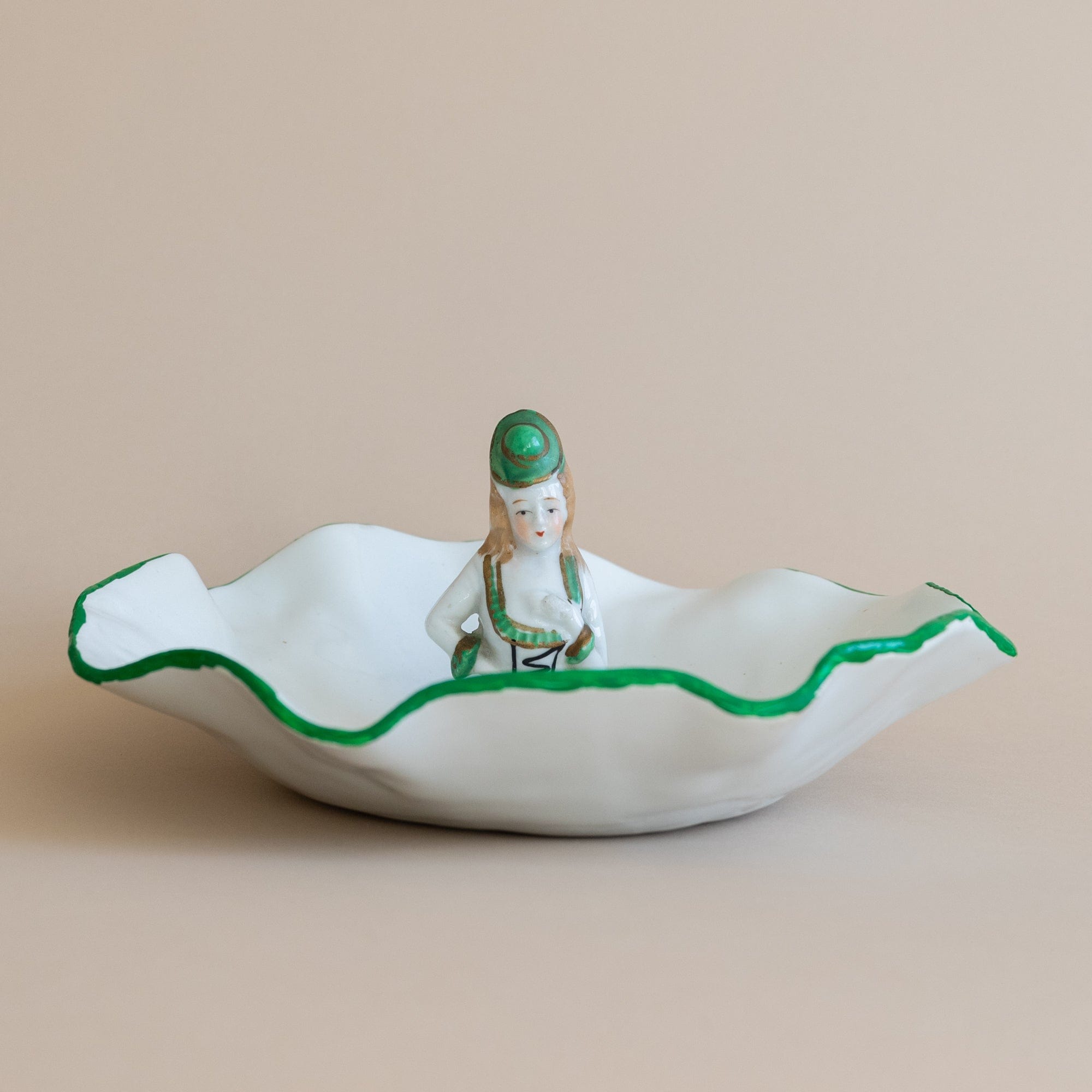 Abra Edelman Trays + Catchalls Figurine Dish White with Green Trim and Green Hat