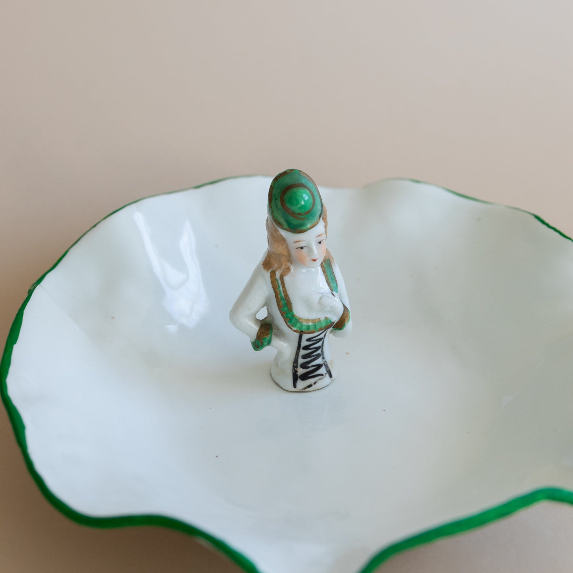 Abra Edelman Trays + Catchalls Figurine Dish White with Green Trim and Green Hat