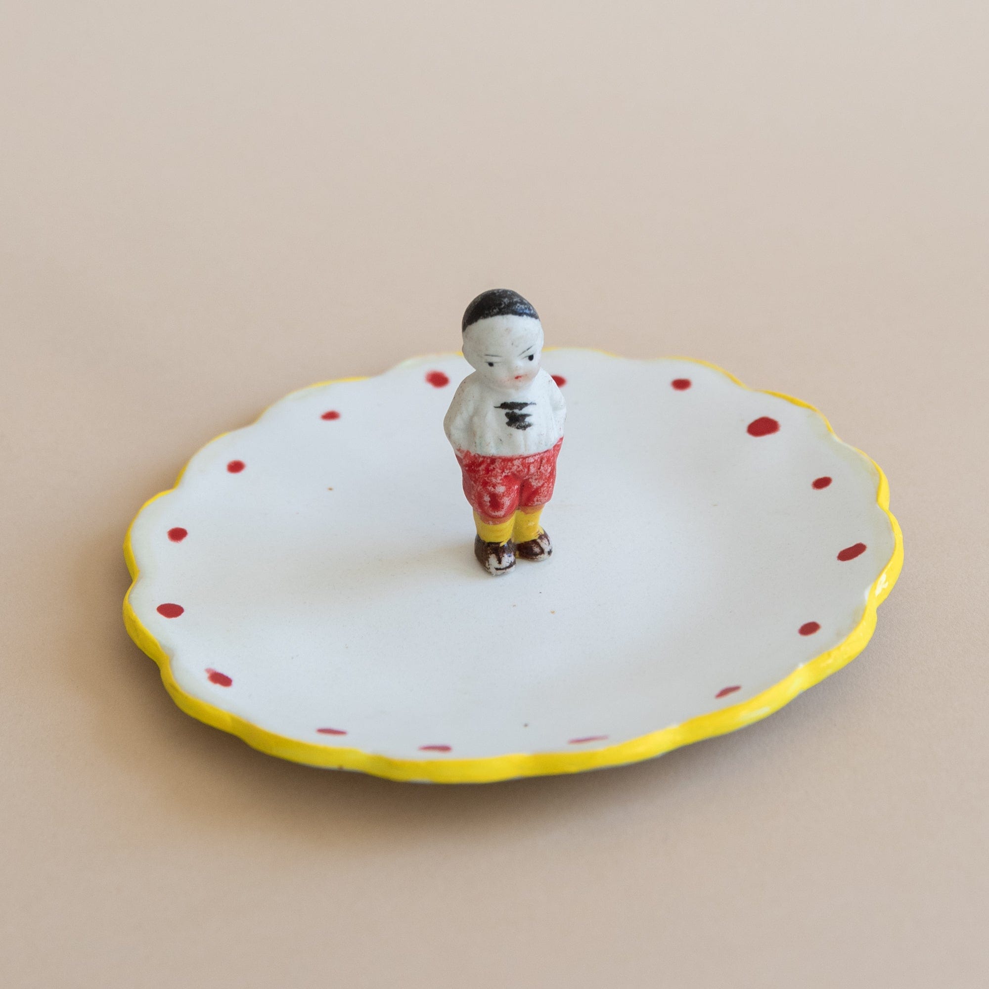 Abra Edelman Trays + Catchalls Red Polkas with Yellow Rim Figurine Dishes Red Polka Dots with Yellow Trim