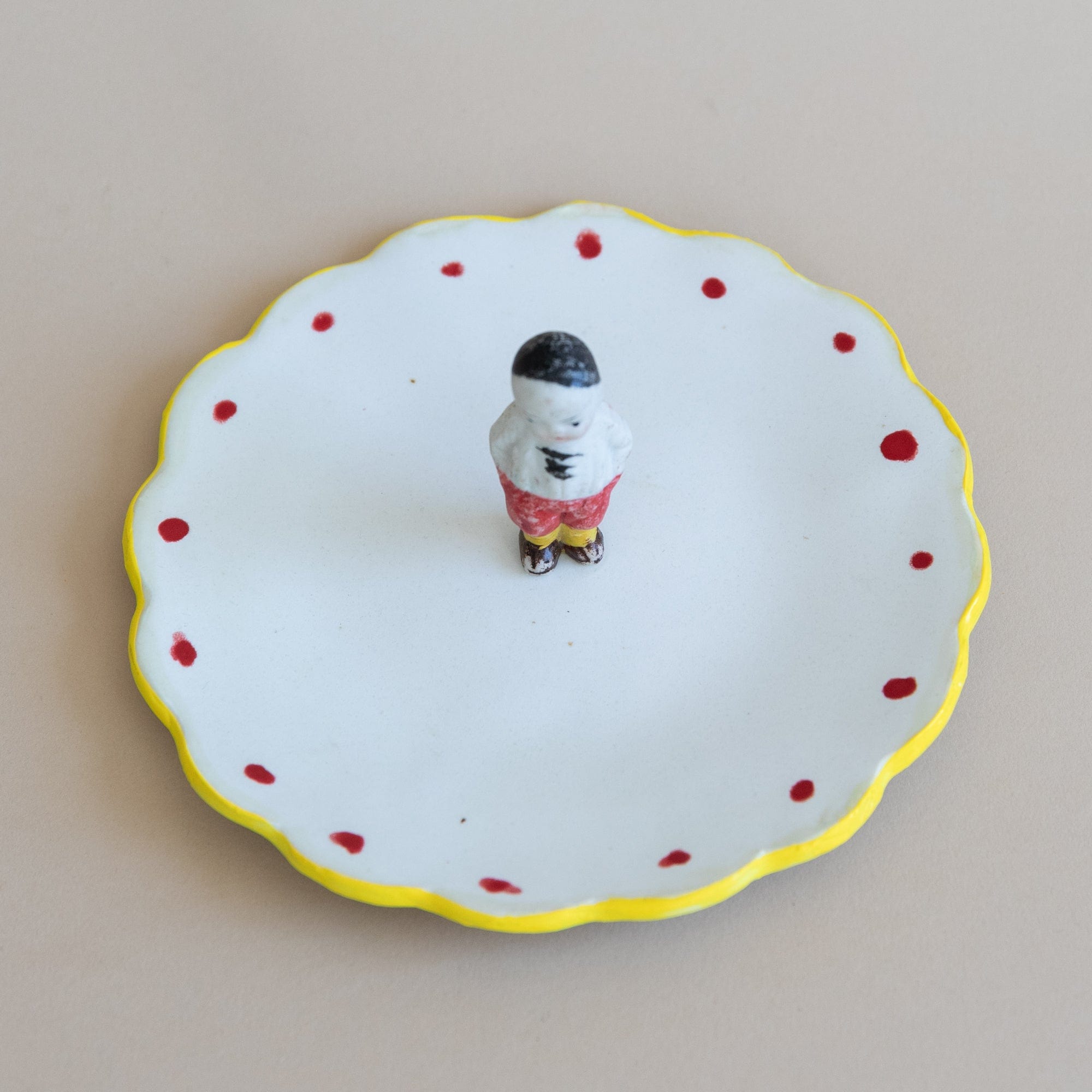 Abra Edelman Trays + Catchalls Red Polkas with Yellow Rim Figurine Dishes Red Polka Dots with Yellow Trim