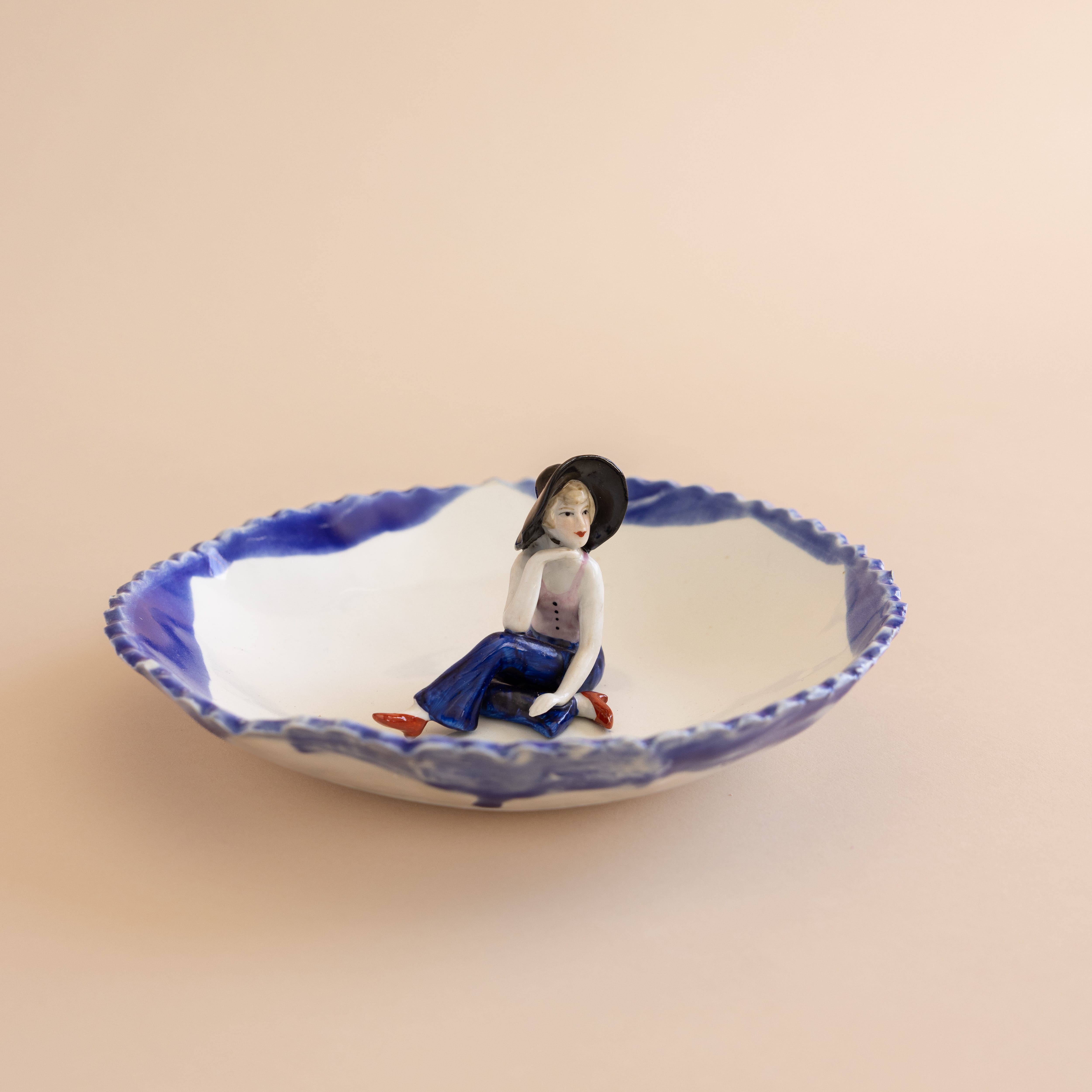 Abra Edelman Trays + Catchalls White Dish with Women in Black Hat Figurine Dishes by Abra Edelman