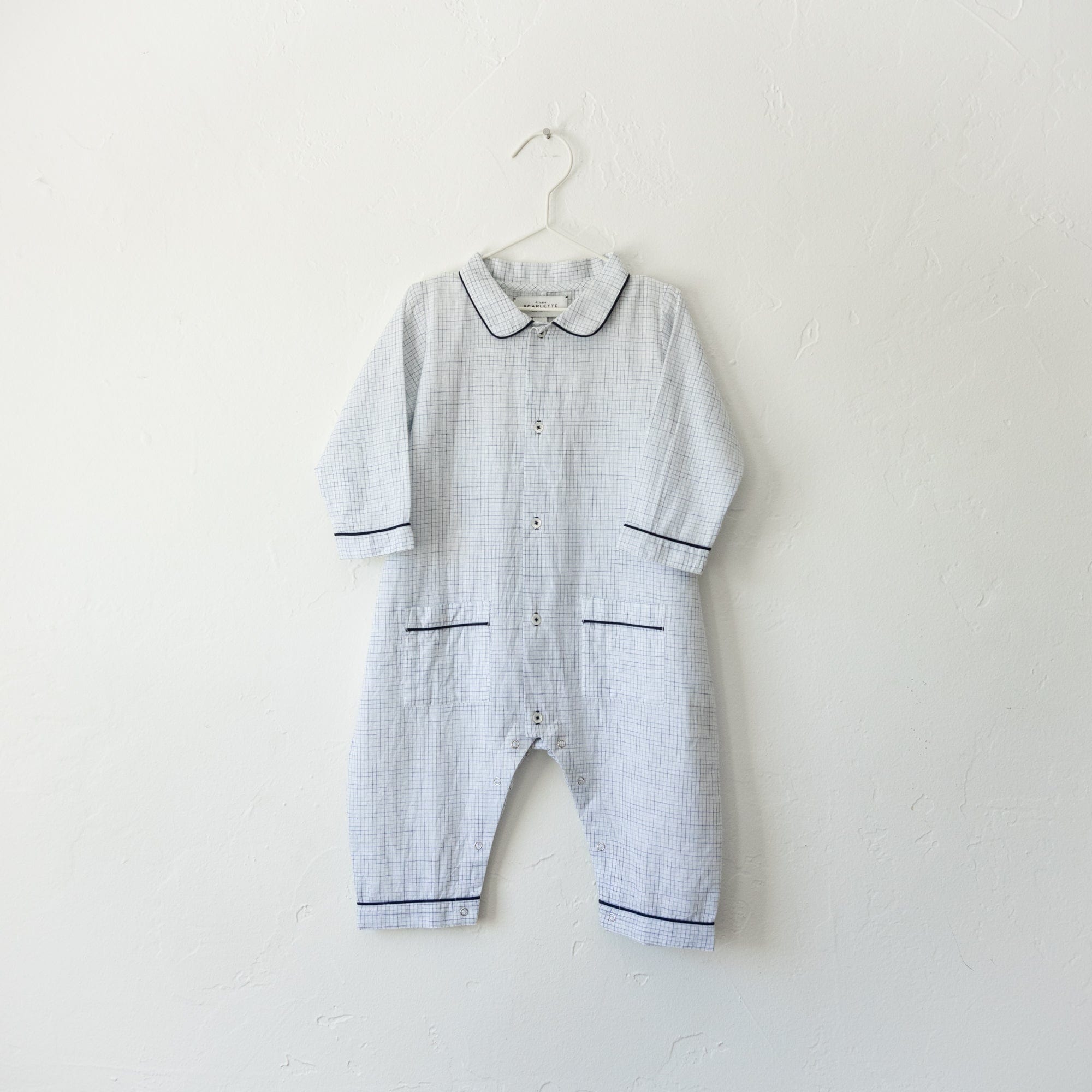 Baby Pajamas in Soft Blue Plaid with Navy Piping - +COOP