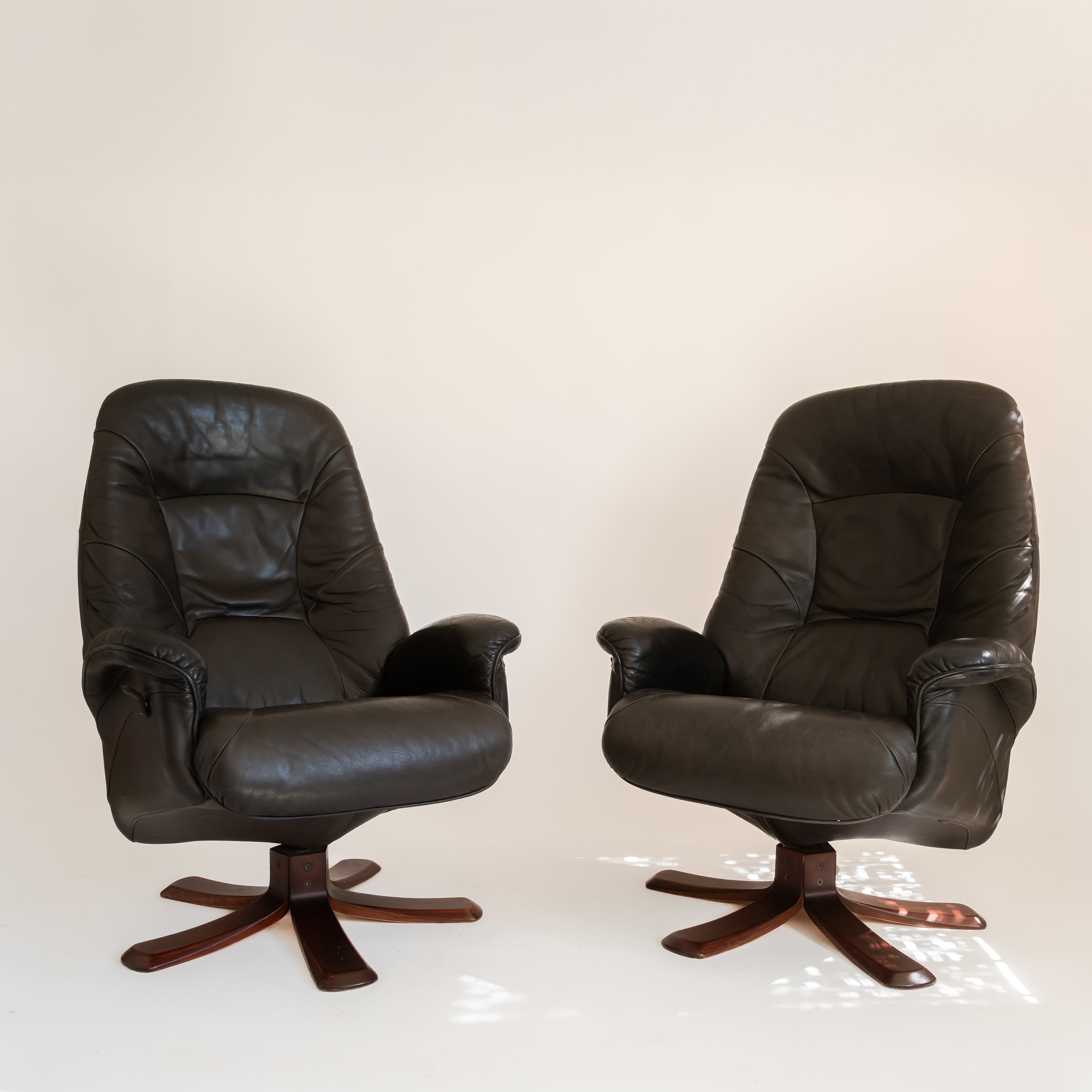 +COOP Vintage Seating Pair of 1970s Leather Swivel Chairs with Ottomans