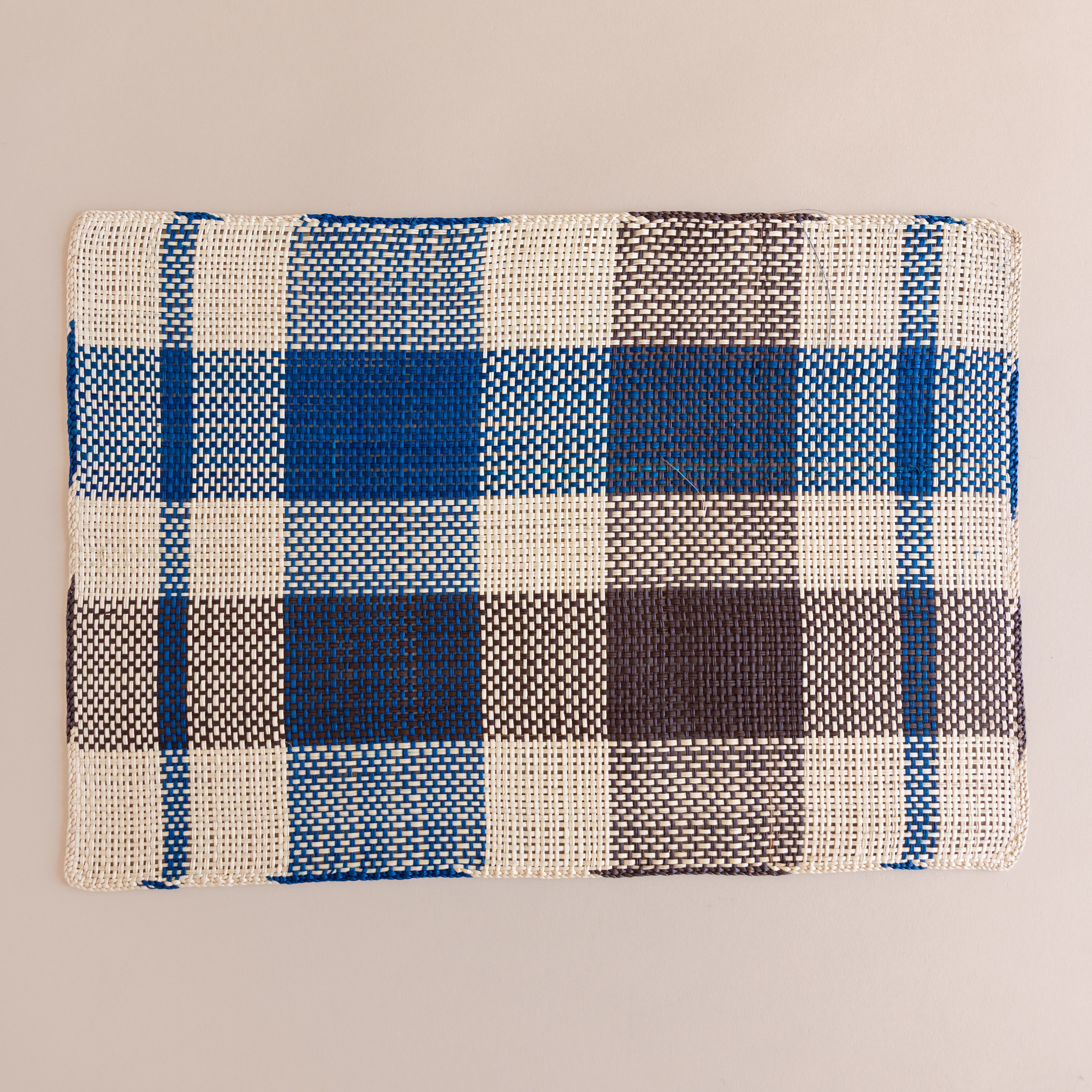 Guanabana Placemats Windowpane Plaid in Blue and Brown Straw Placemat