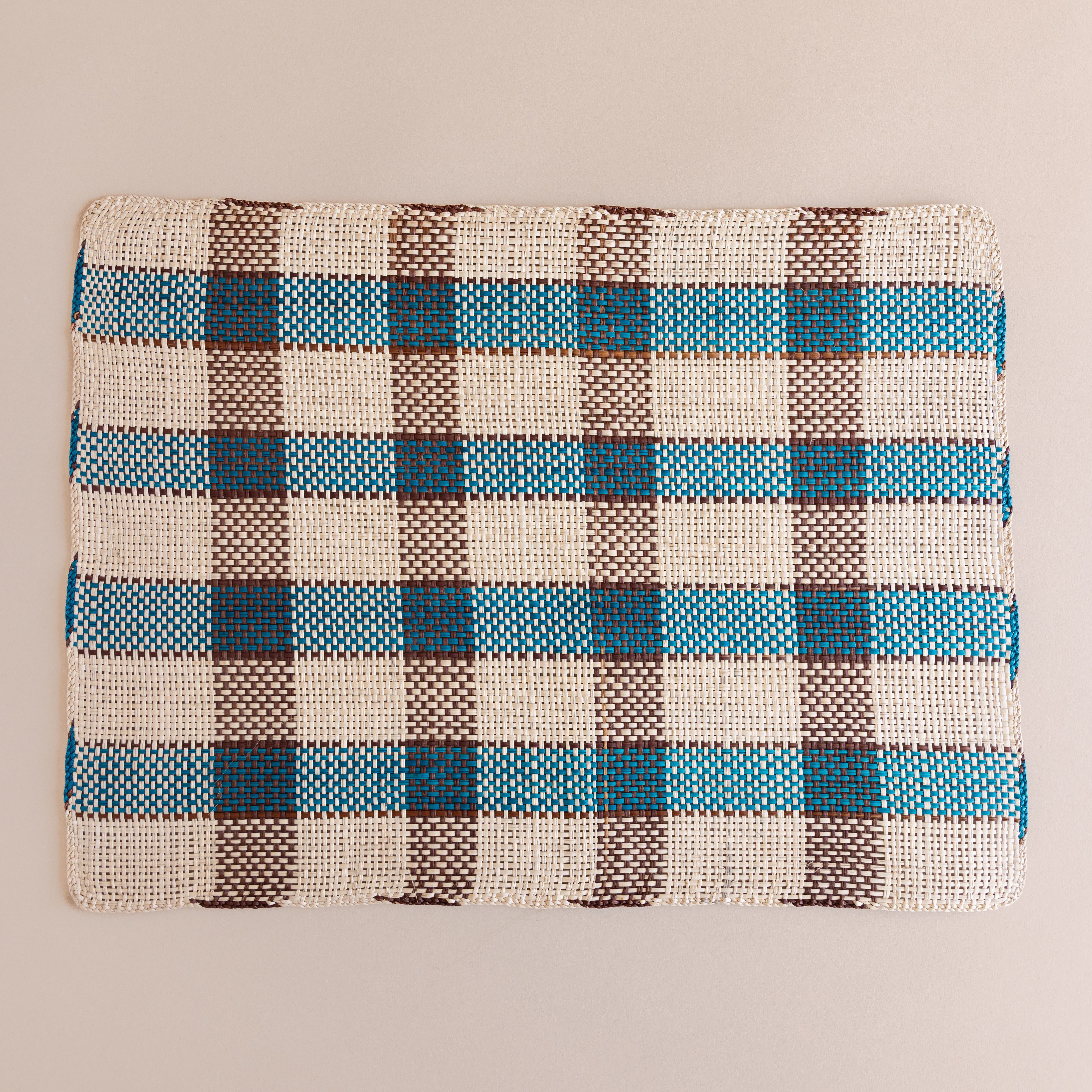 Guanabana Placemats Woven Plaid in Blue and Brown Straw Placemat