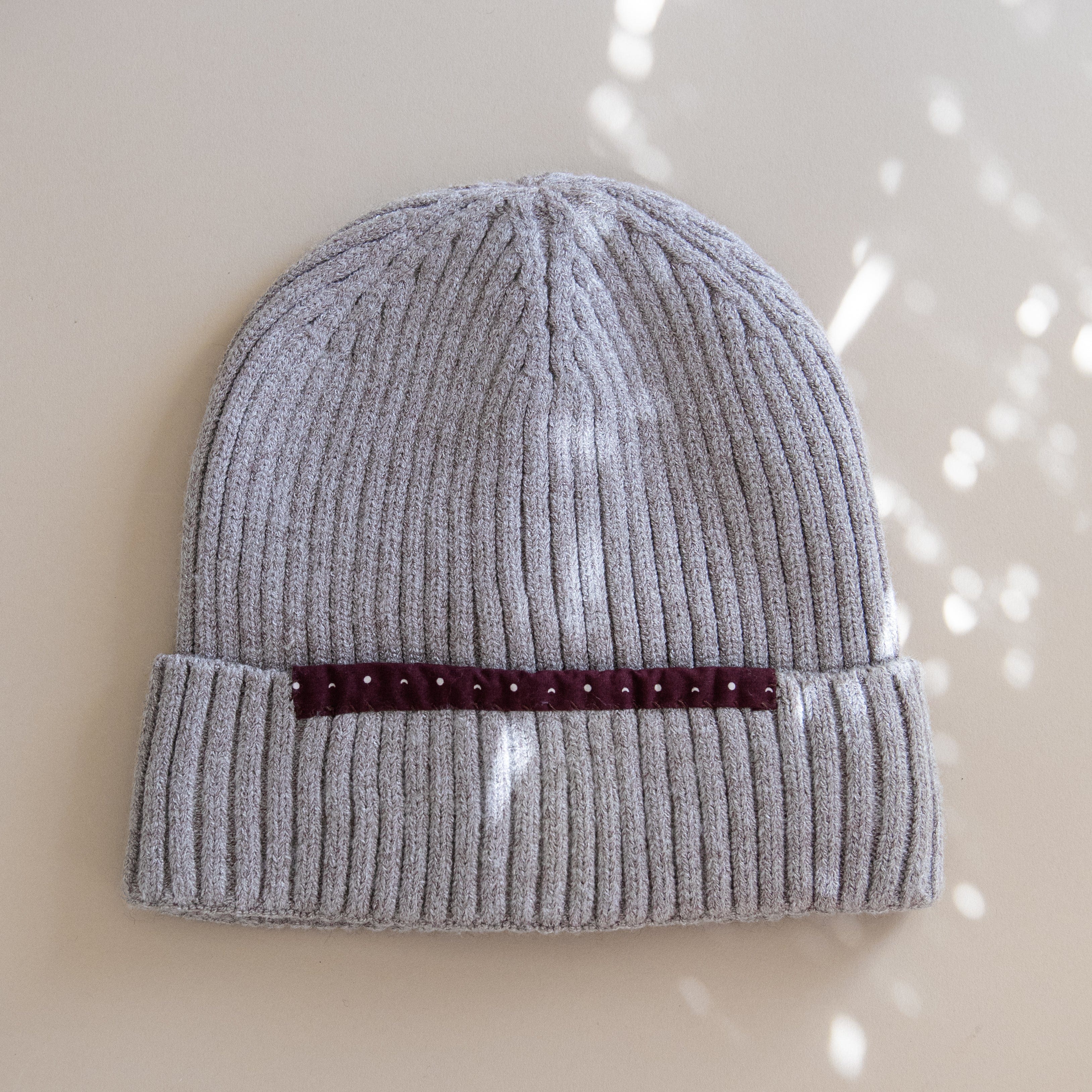 Heyja Do Hats Beige with Maroon Patch Patchwork Beanie