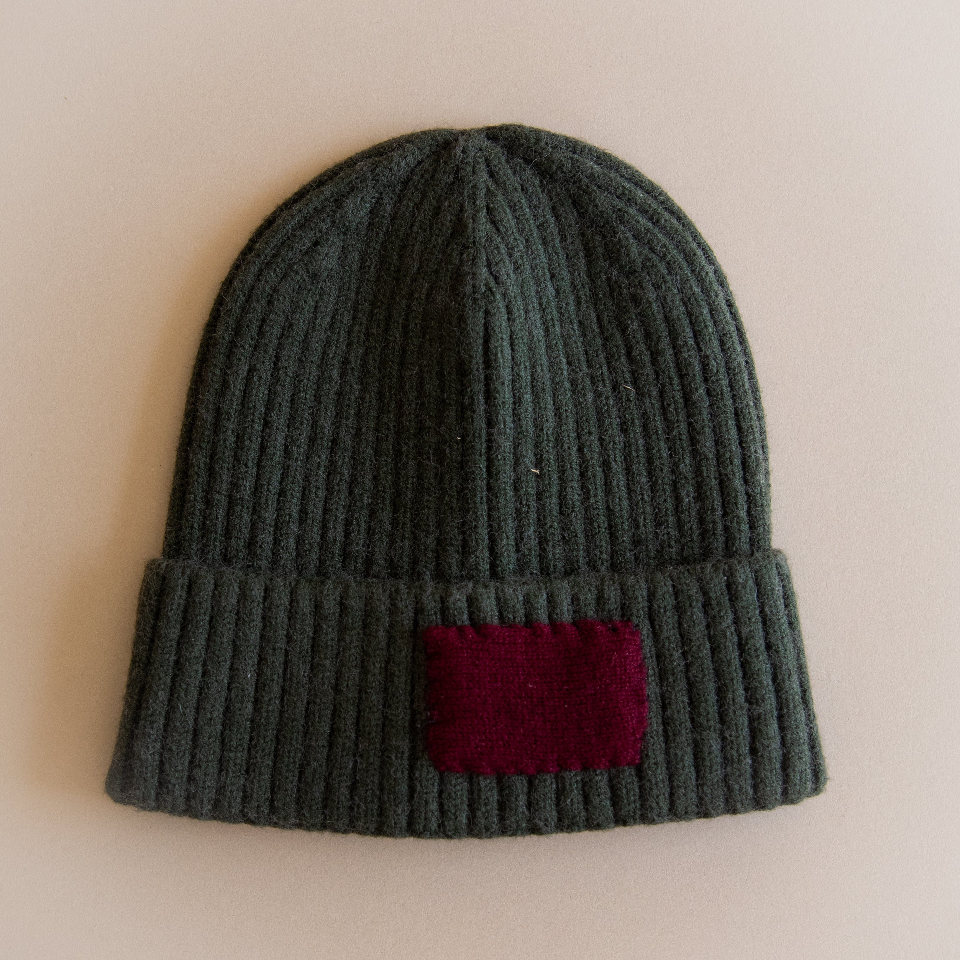 Heyja Do Hats Green with Maroon Patch Patchwork Beanie