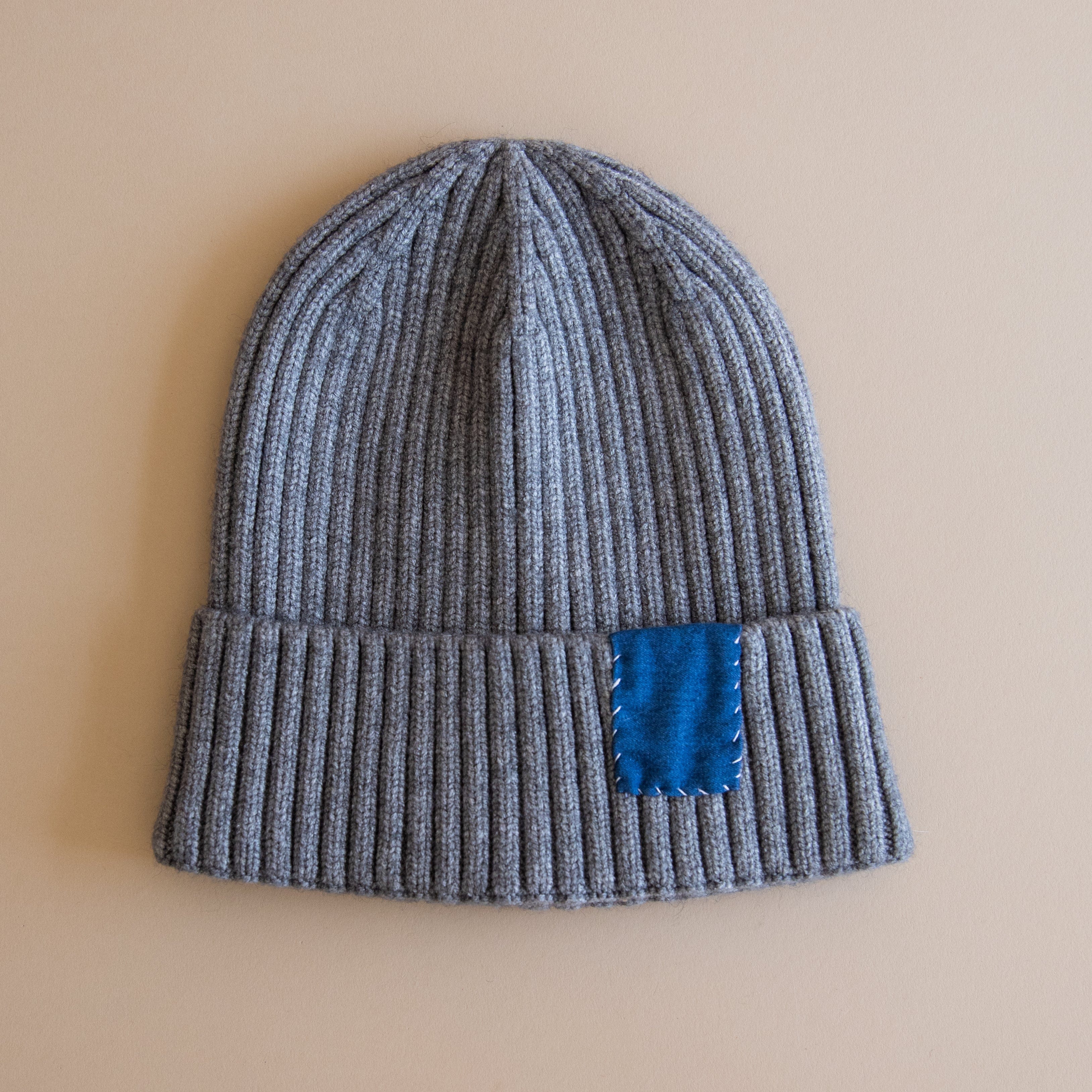 Heyja Do Hats Grey with Blue Patch Patchwork Beanie