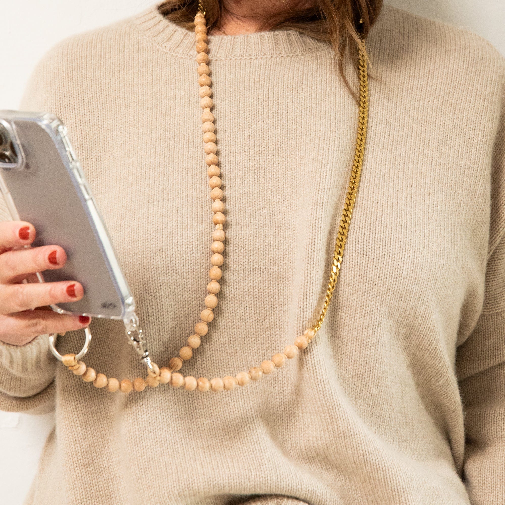 Ina Seifart Tech Accessories Long Beaded iPhone Necklace in Natural with Gold Chain