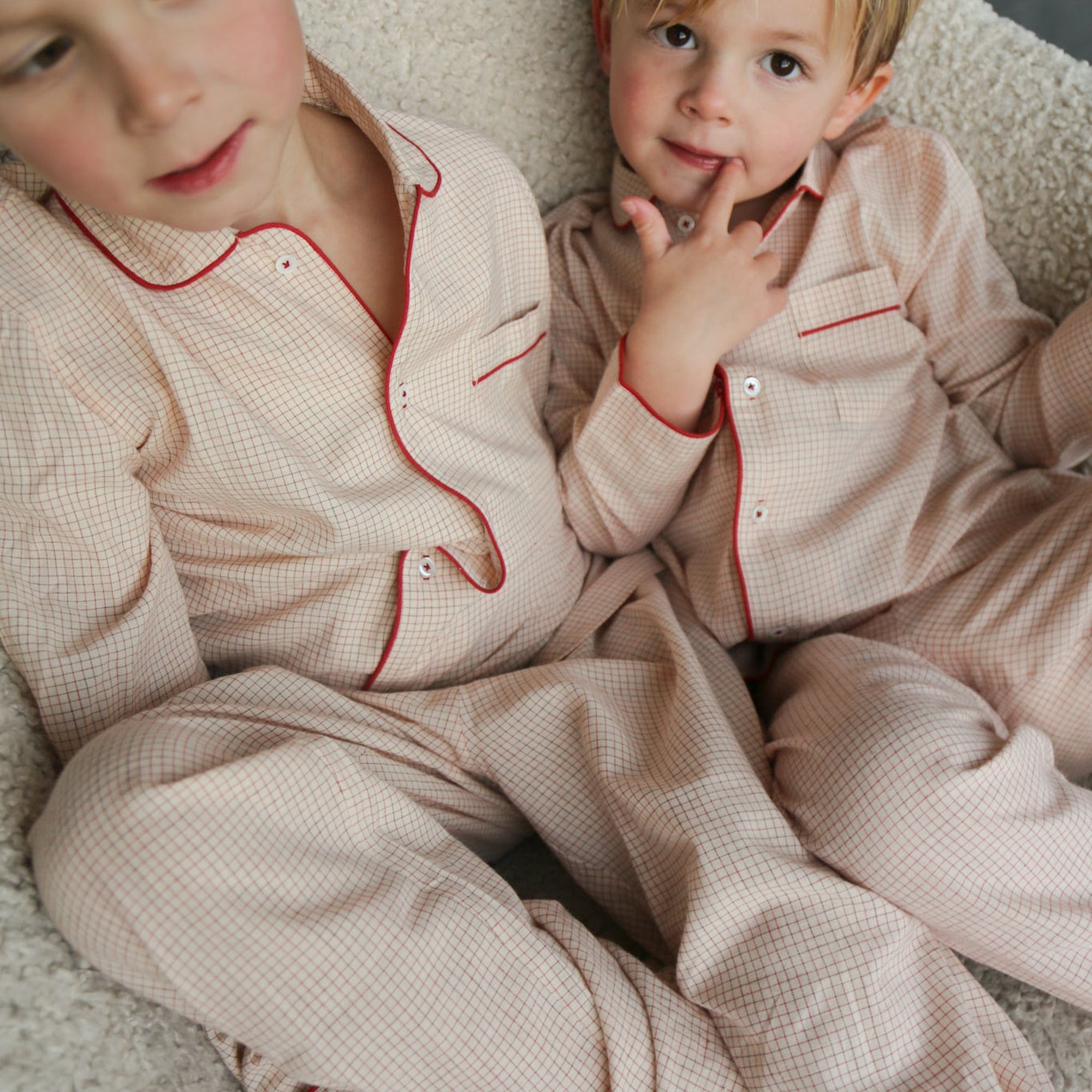 Kids Pajamas Set In Red Plaid with Red Piping - +COOP