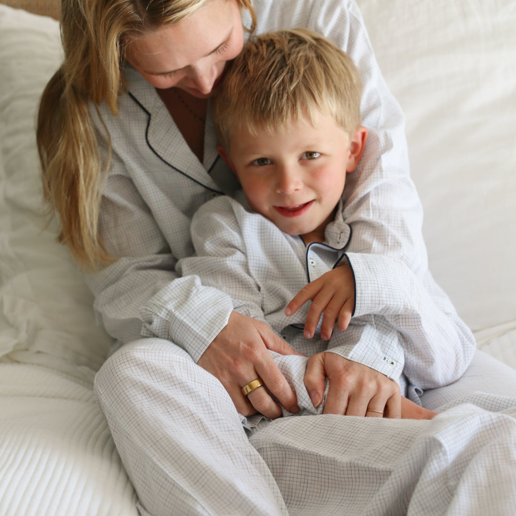 Kids Pajamas Set in Soft Blue Plaid with Navy Piping - +COOP