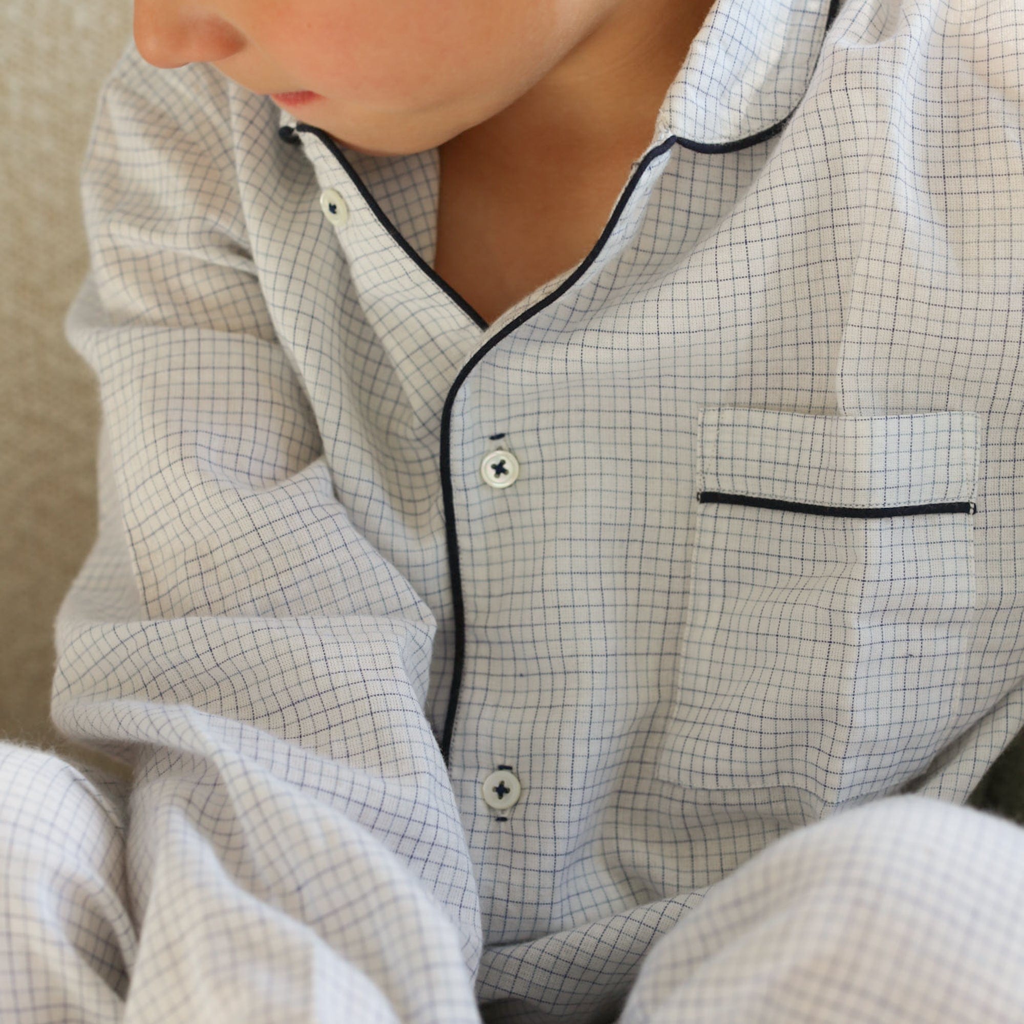 Kids Pajamas Set in Soft Blue Plaid with Navy Piping - +COOP