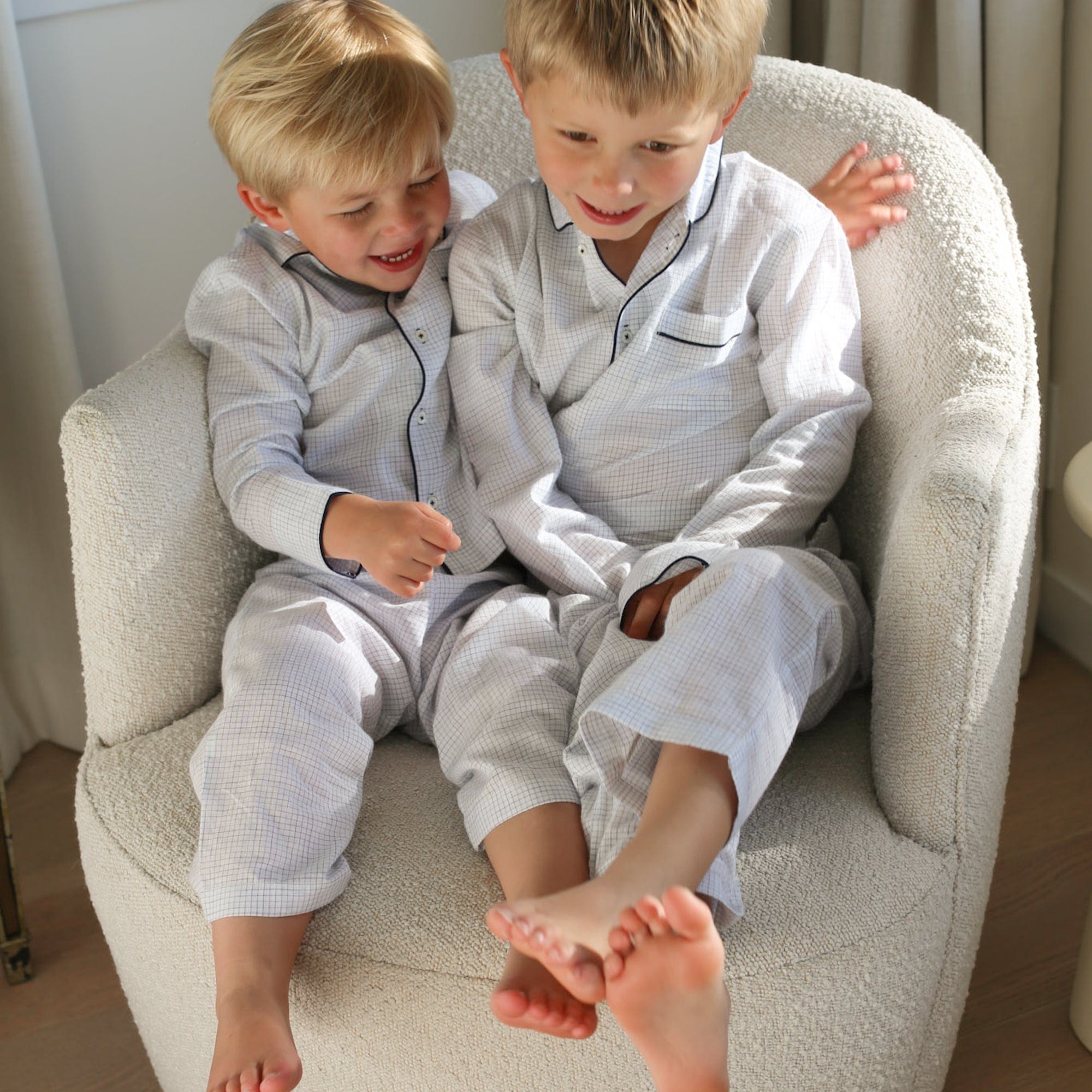 Kids Pajamas Set in Soft Blue Plaid with Navy Piping - +COOP