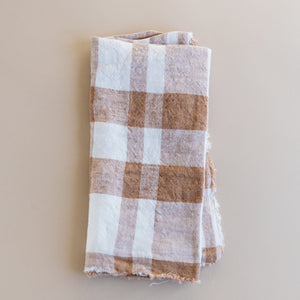 French Linen Fringed Napkins - Coffee Checks