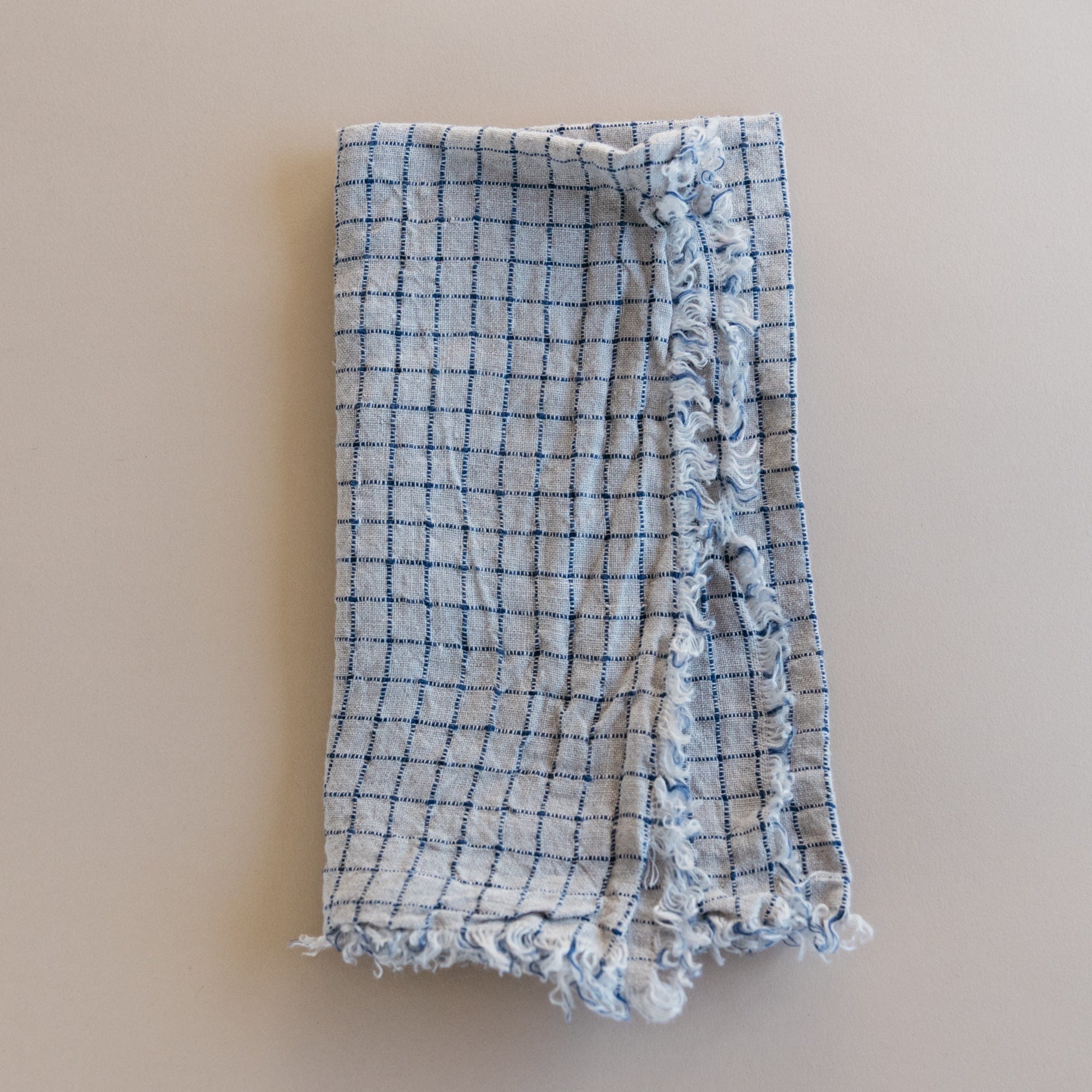 Linge Particulier Napkins Flax / Blue Checks French Linen Fringed Napkins