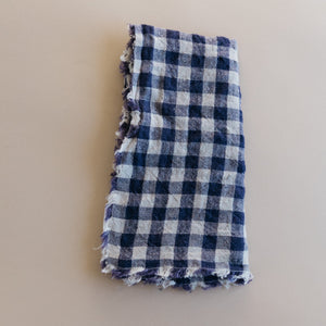French Linen Fringed Napkins - Flax / Navy Gingham
