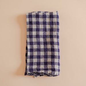 French Linen Hemmed Napkins - Flax / Navy Gingham
