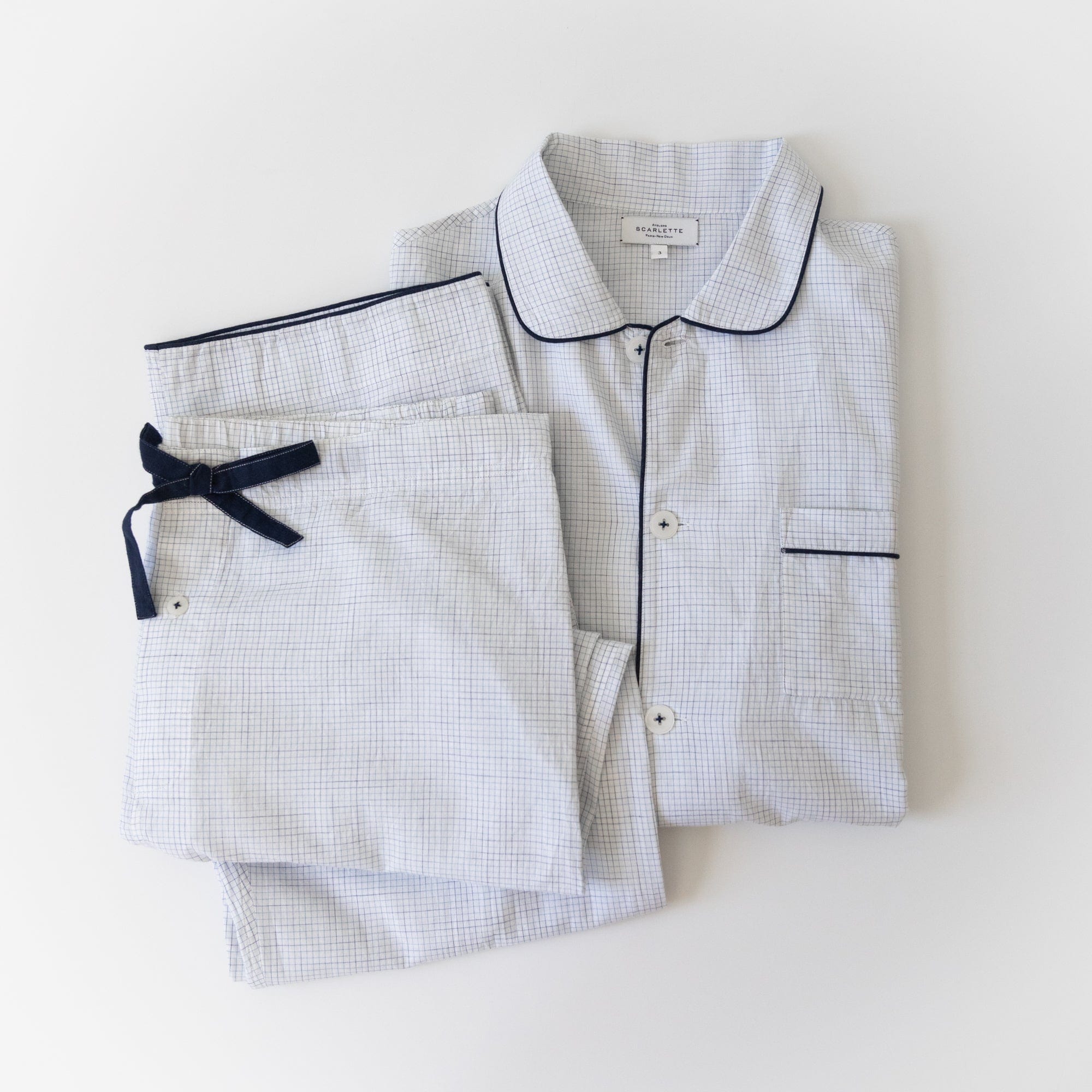 Men's Pajama Set in Soft Blue Plaid with Navy Piping - +COOP