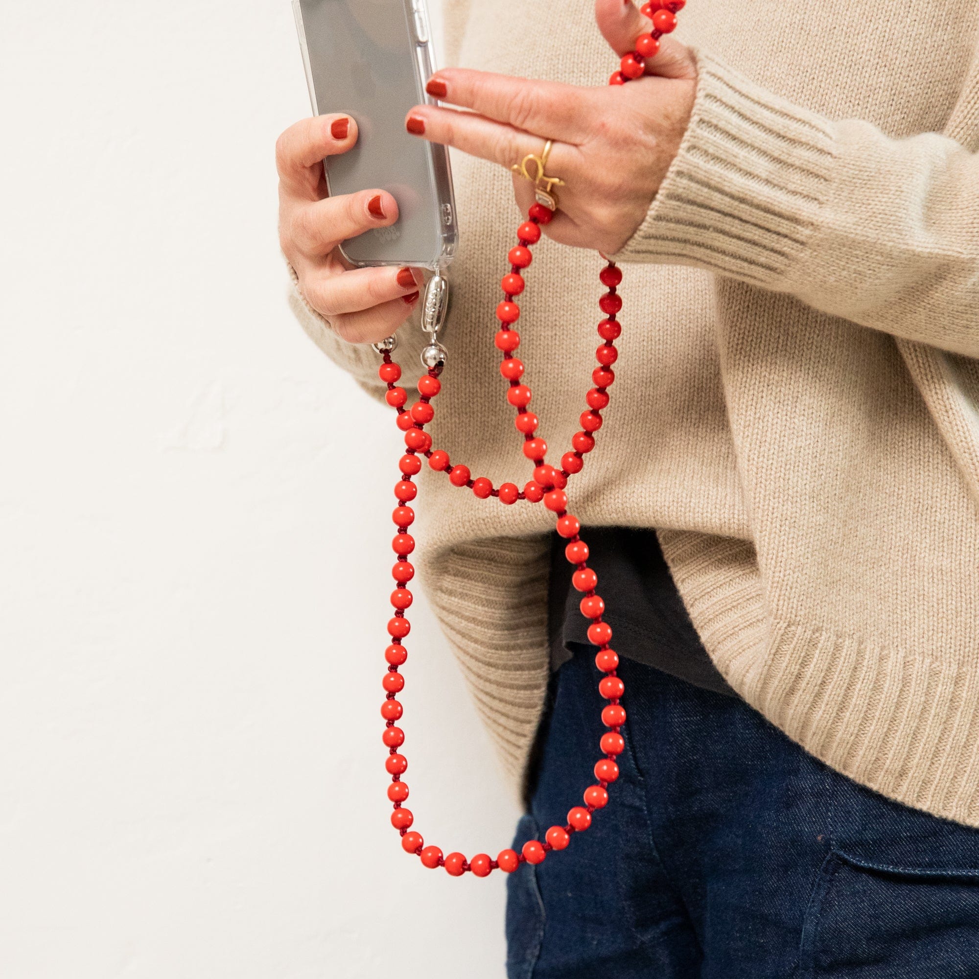 Ossa New York Tech Accessories Crossbody Phone Cord in Red Wooden Beads