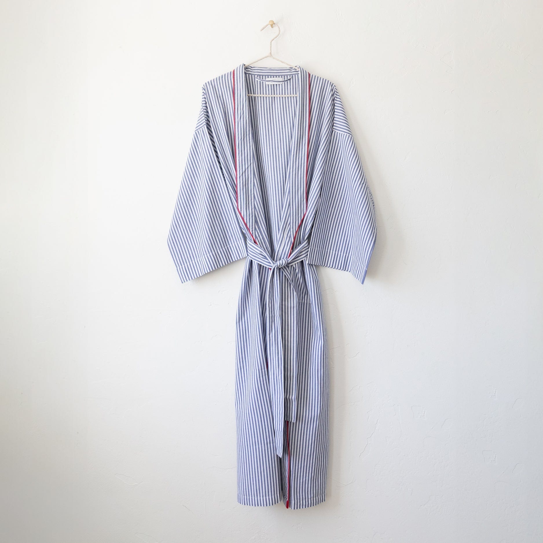 Scarlette Ateliers Bath Robes Kimono Robe in Blue Stripe with Red Piping