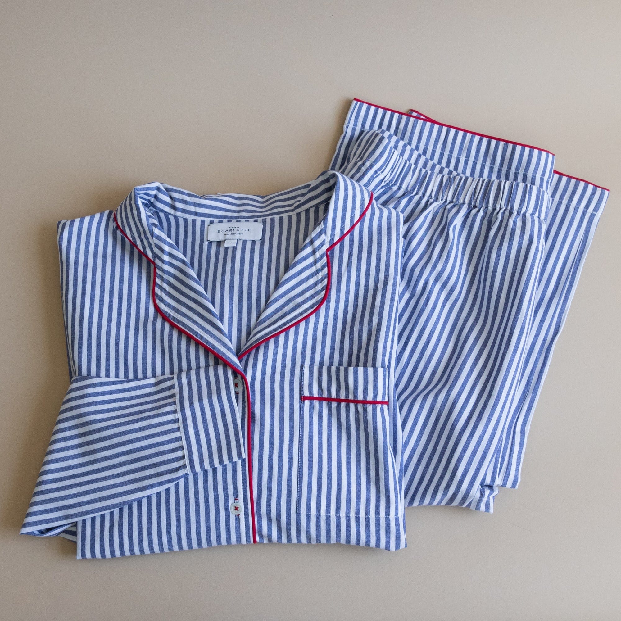 Scarlette Ateliers Sleepwear Women's Pajama Set in Blue Stripe with Red Piping