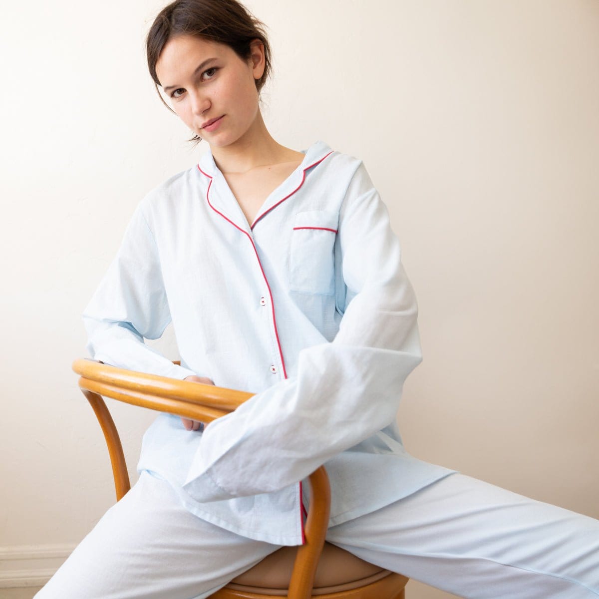 Scarlette Ateliers Sleepwear Women's Pajama Set in Powder Blue with Red Piping