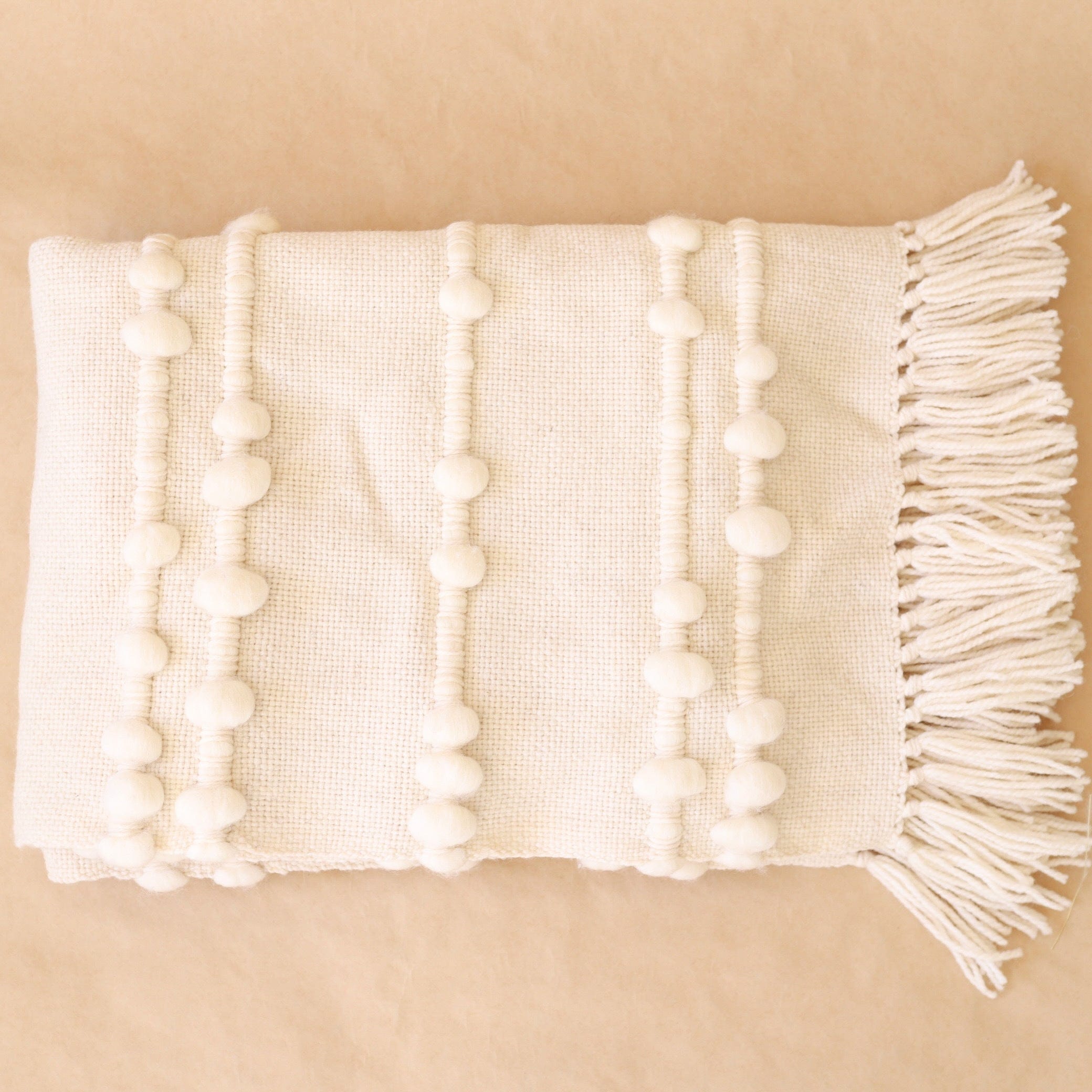 Treko Linens Handwoven Natural White Throw with Textured Ball Stitching by Treko