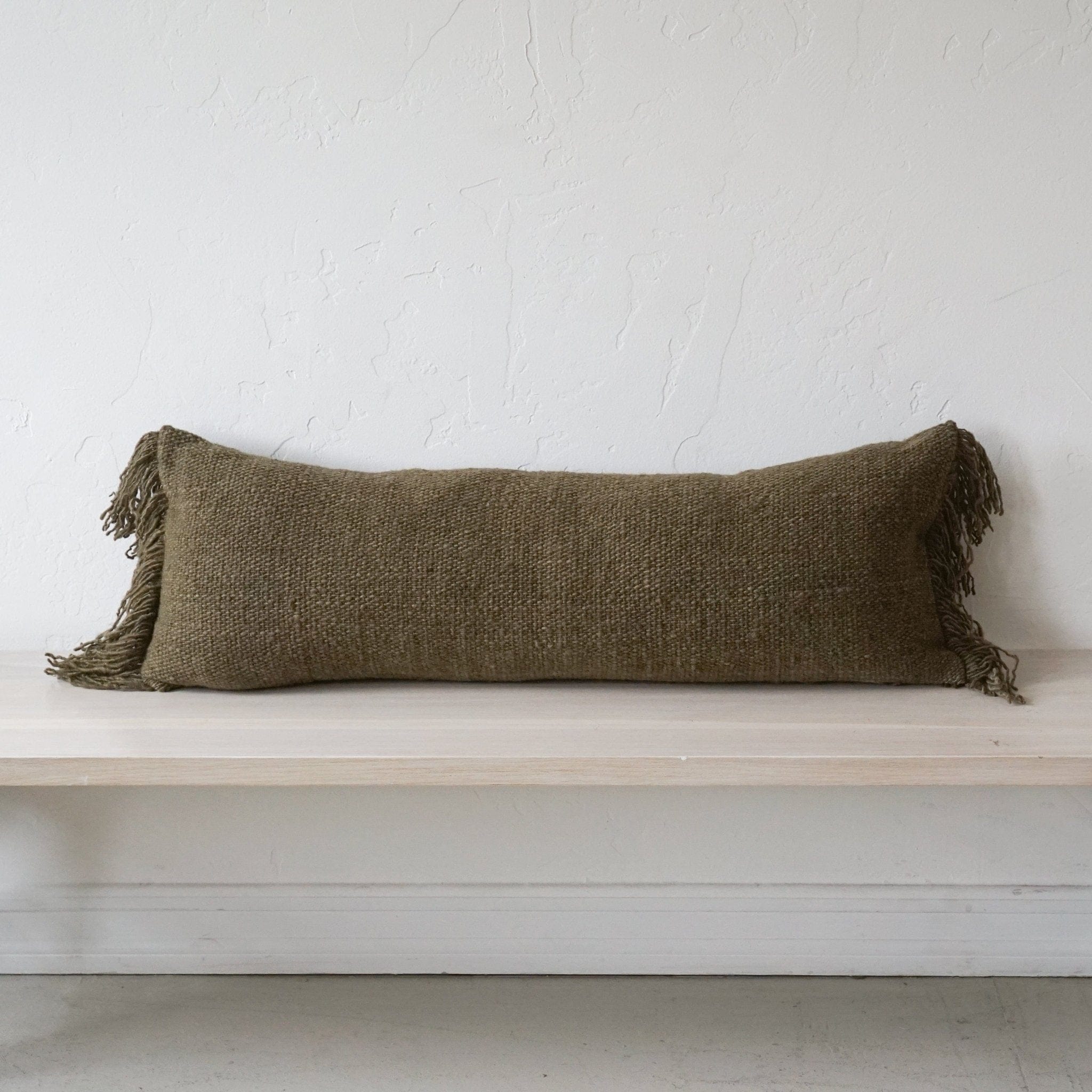 Treko Pillows Lumbar Pillow with Fringe in Olive by Treko