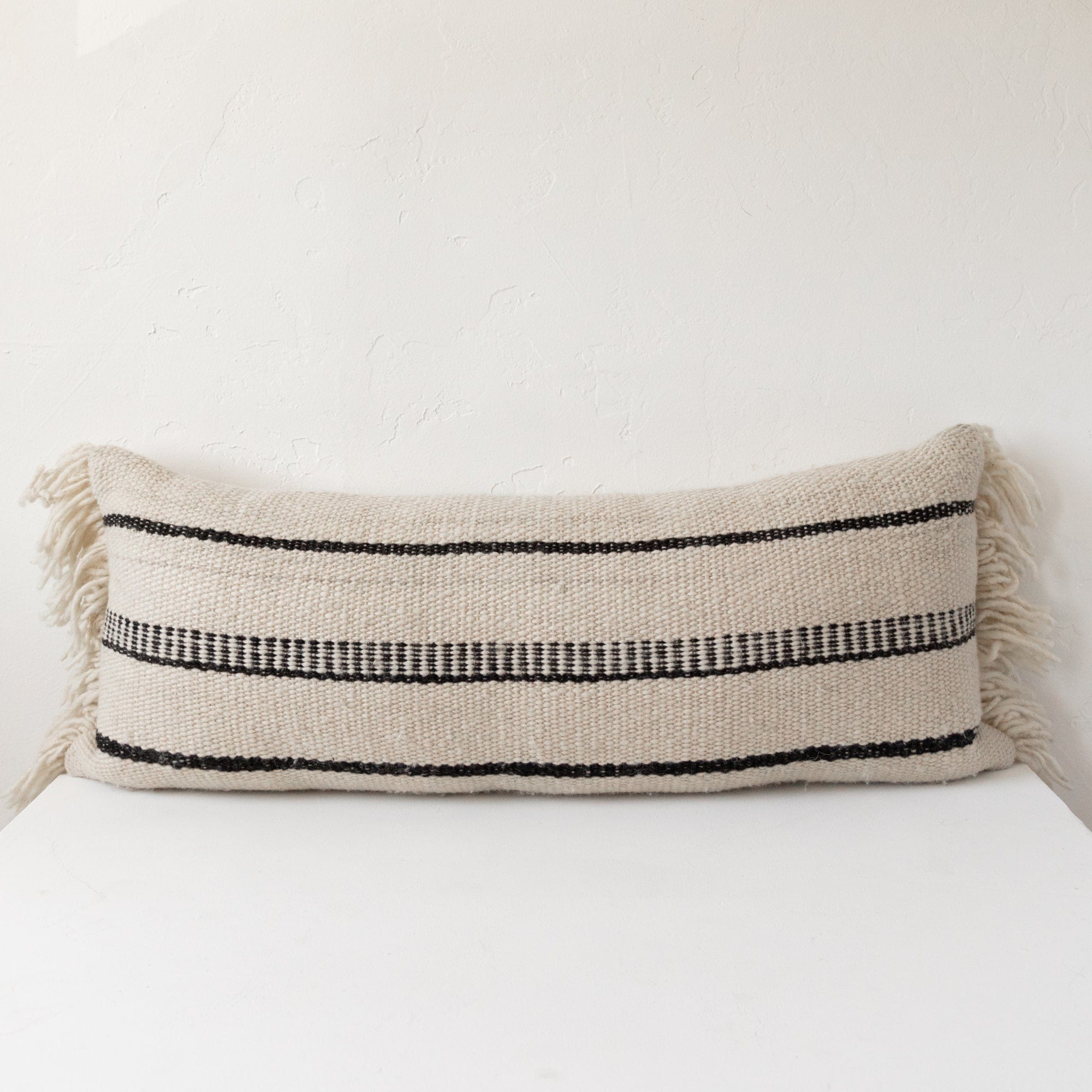 Treko Pillows Lumbar Pillow with Fringe in White Black Stripes by Treko