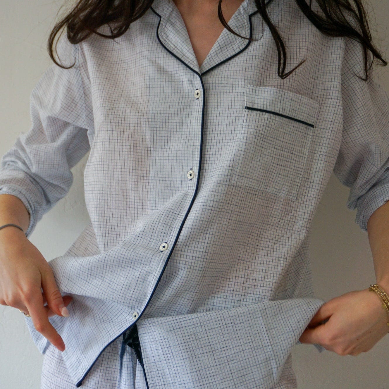 Women's Pajama Set in Soft Blue Plaid with Navy Piping - +COOP