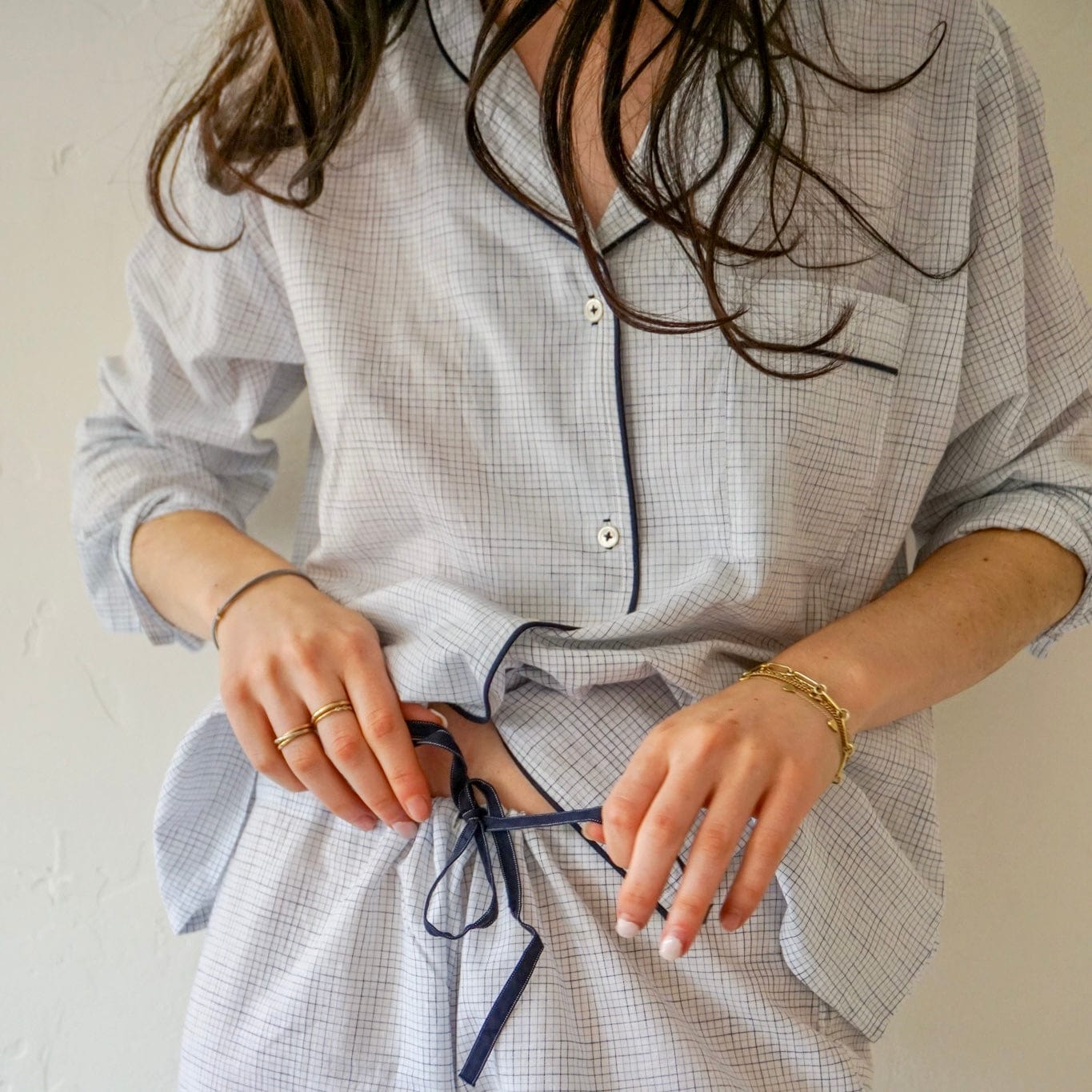 Women's Pajama Set in Soft Blue Plaid with Navy Piping - +COOP